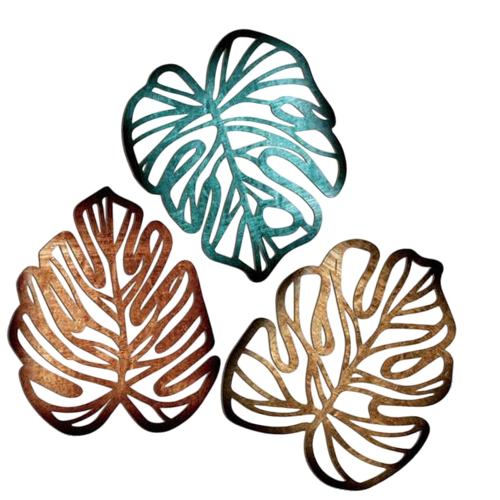 3 Pieces Palm Leaves Wood Wall Decor Artwork for Hallway Balcony Living Room Blue and Brown