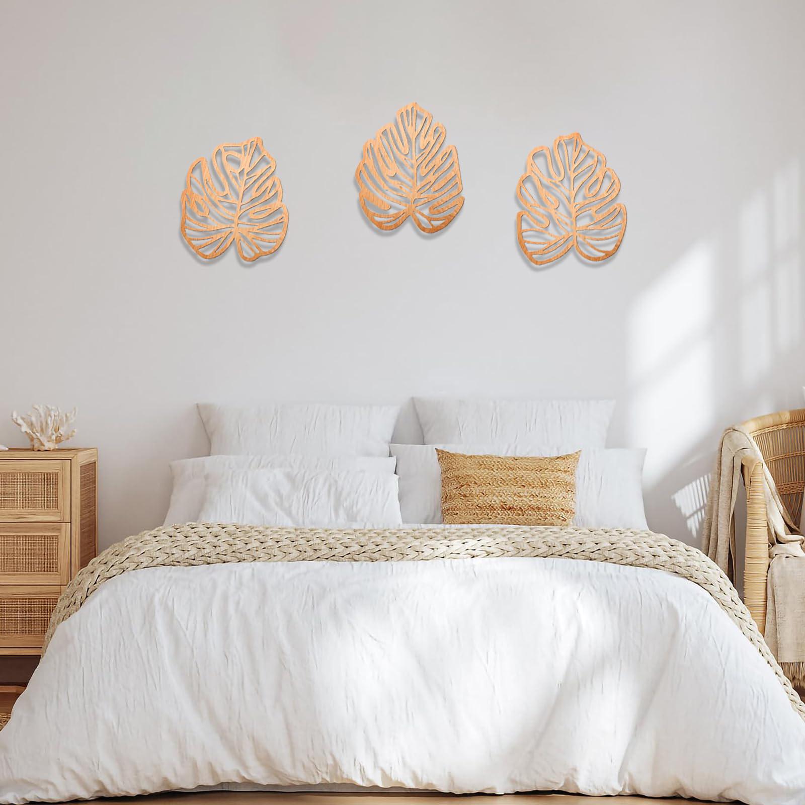 3 Pieces Palm Leaves Wood Wall Decor Artwork for Hallway Balcony Living Room Light Yellow