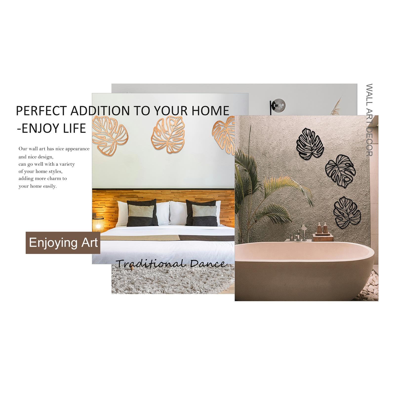 3 Pieces Palm Leaves Wood Wall Decor Artwork for Hallway Balcony Living Room Black