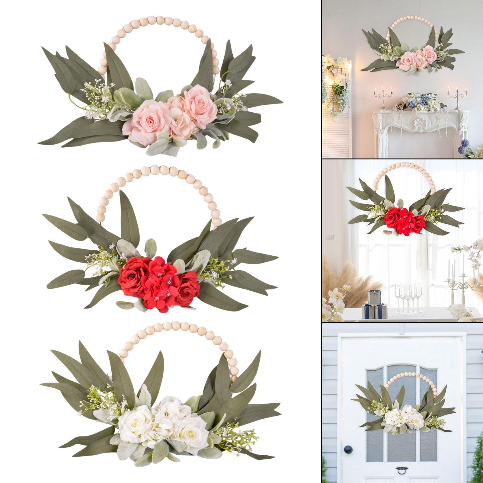 Wood Bead Floral Wreath Front Door Floral Hoop for Wedding Farmhouse Holiday Pink