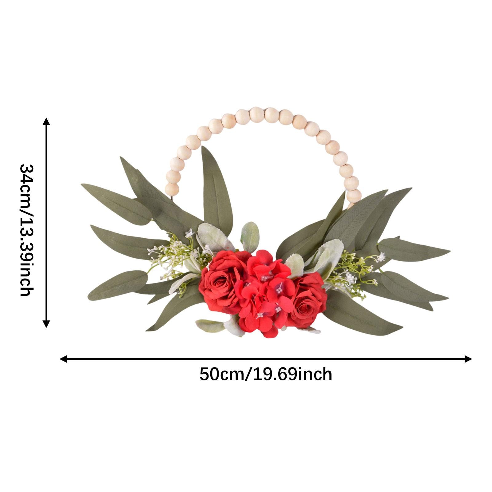 Wood Bead Floral Wreath Front Door Floral Hoop for Wedding Farmhouse Holiday Red