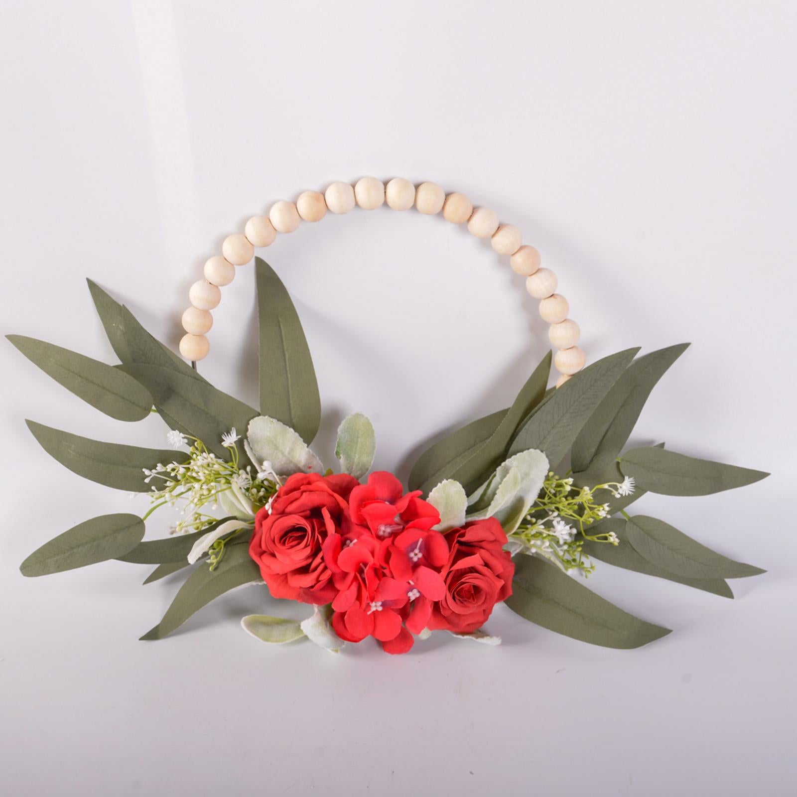 Wood Bead Floral Wreath Front Door Floral Hoop for Wedding Farmhouse Holiday Red