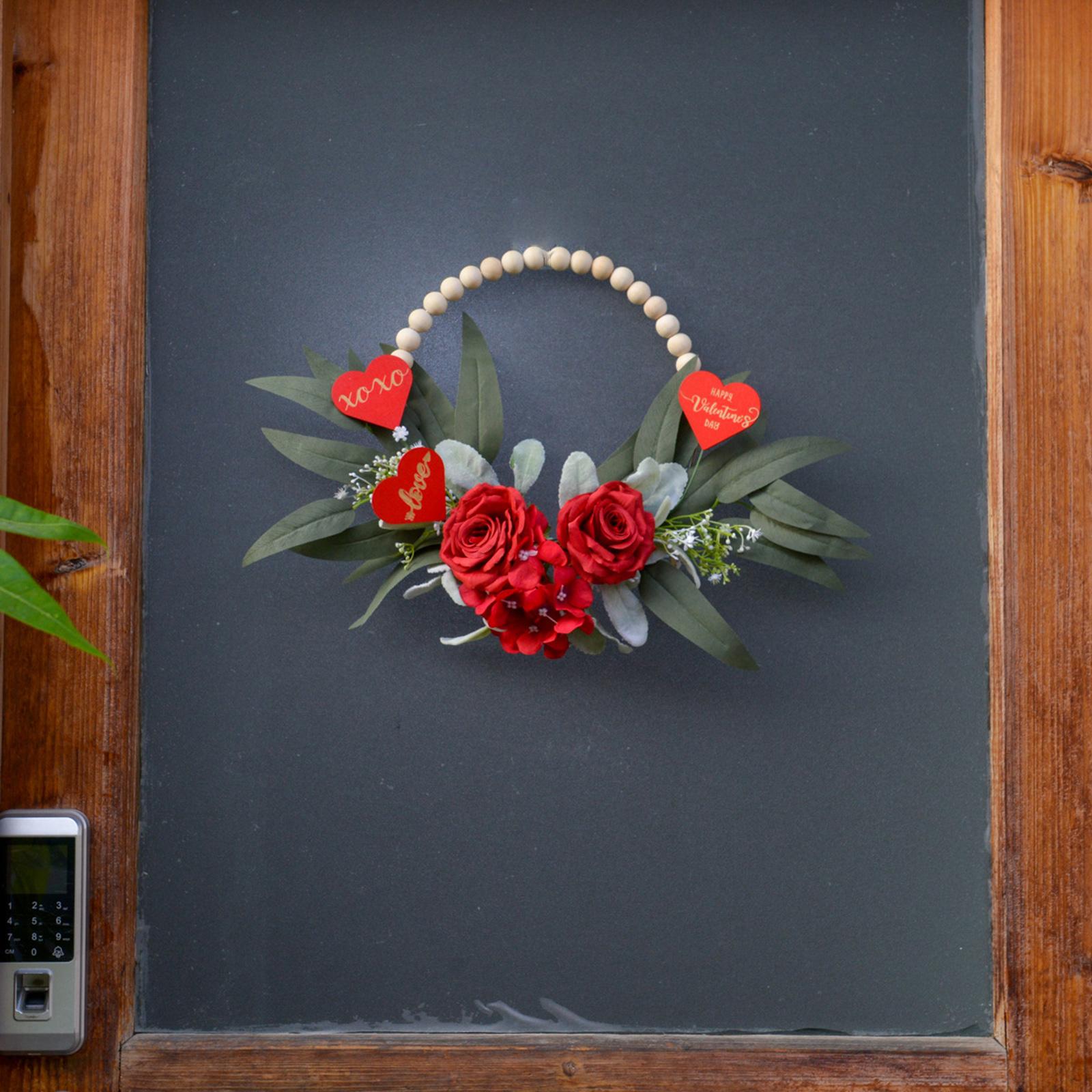 Wood Bead Floral Wreath Front Door Floral Hoop for Wedding Farmhouse Holiday Red