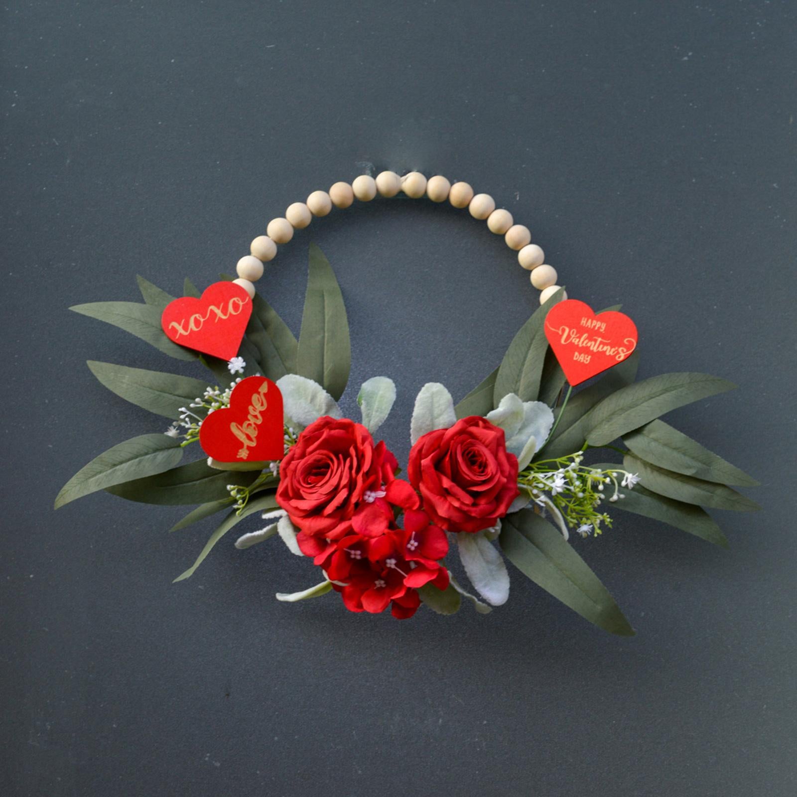 Wood Bead Floral Wreath Front Door Floral Hoop for Wedding Farmhouse Holiday Red