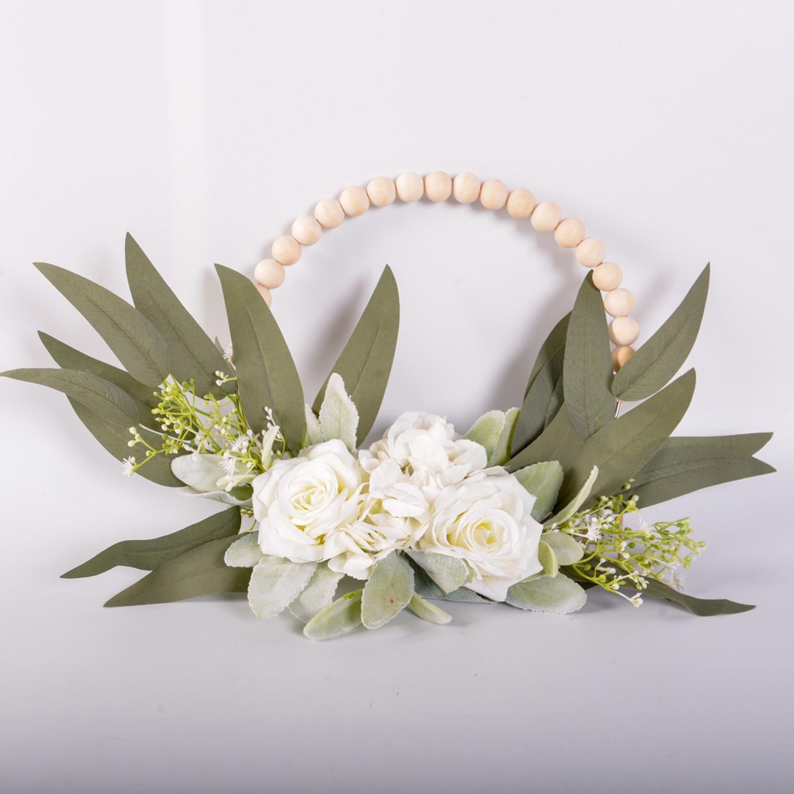 Wood Bead Floral Wreath Front Door Floral Hoop for Wedding Farmhouse Holiday White