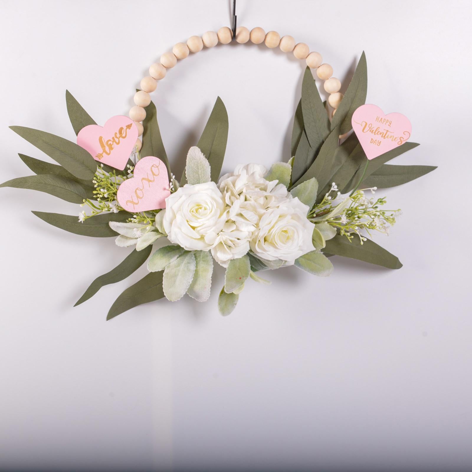 Wood Bead Floral Wreath Front Door Floral Hoop for Wedding Farmhouse Holiday White