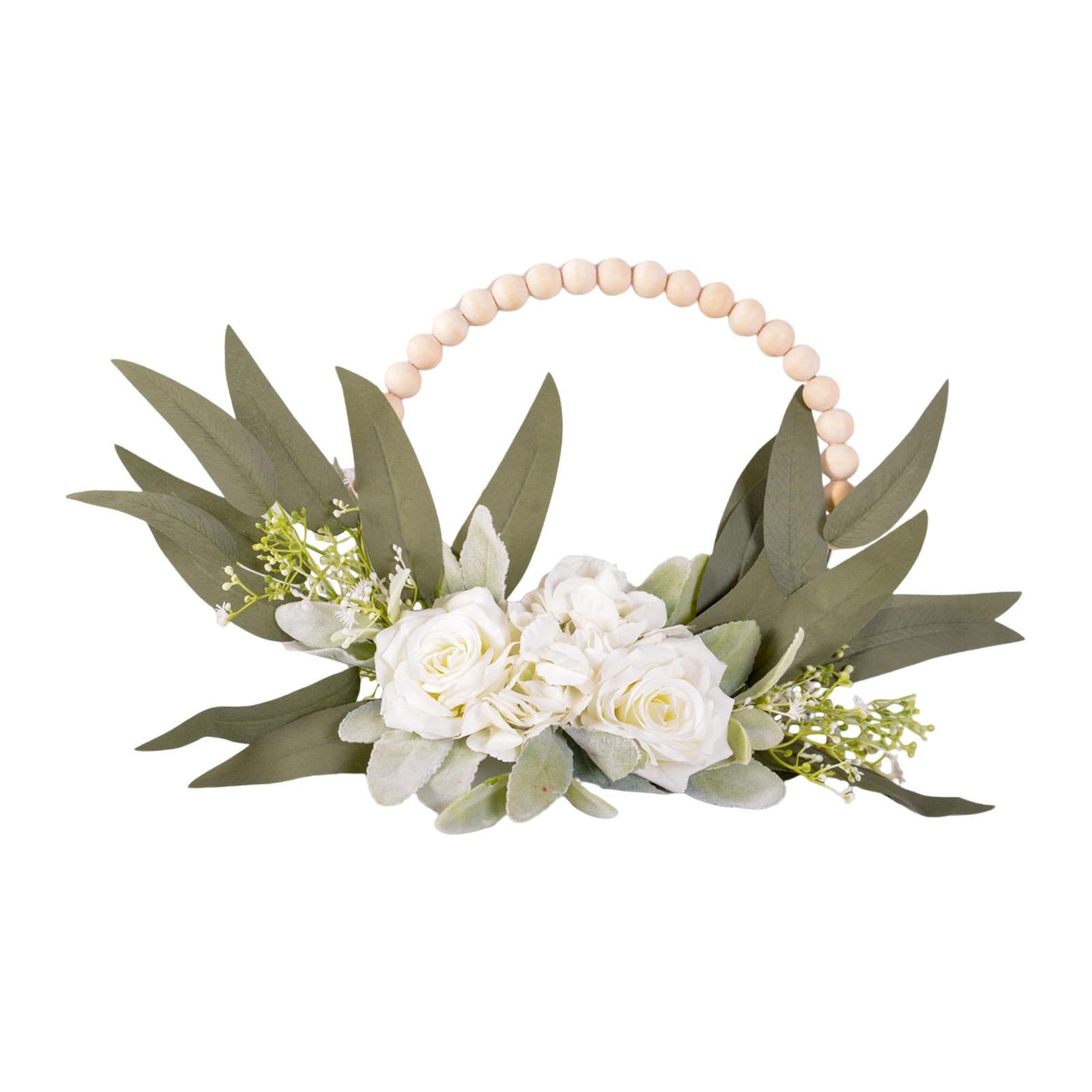Wood Bead Floral Wreath Front Door Floral Hoop for Wedding Farmhouse Holiday White