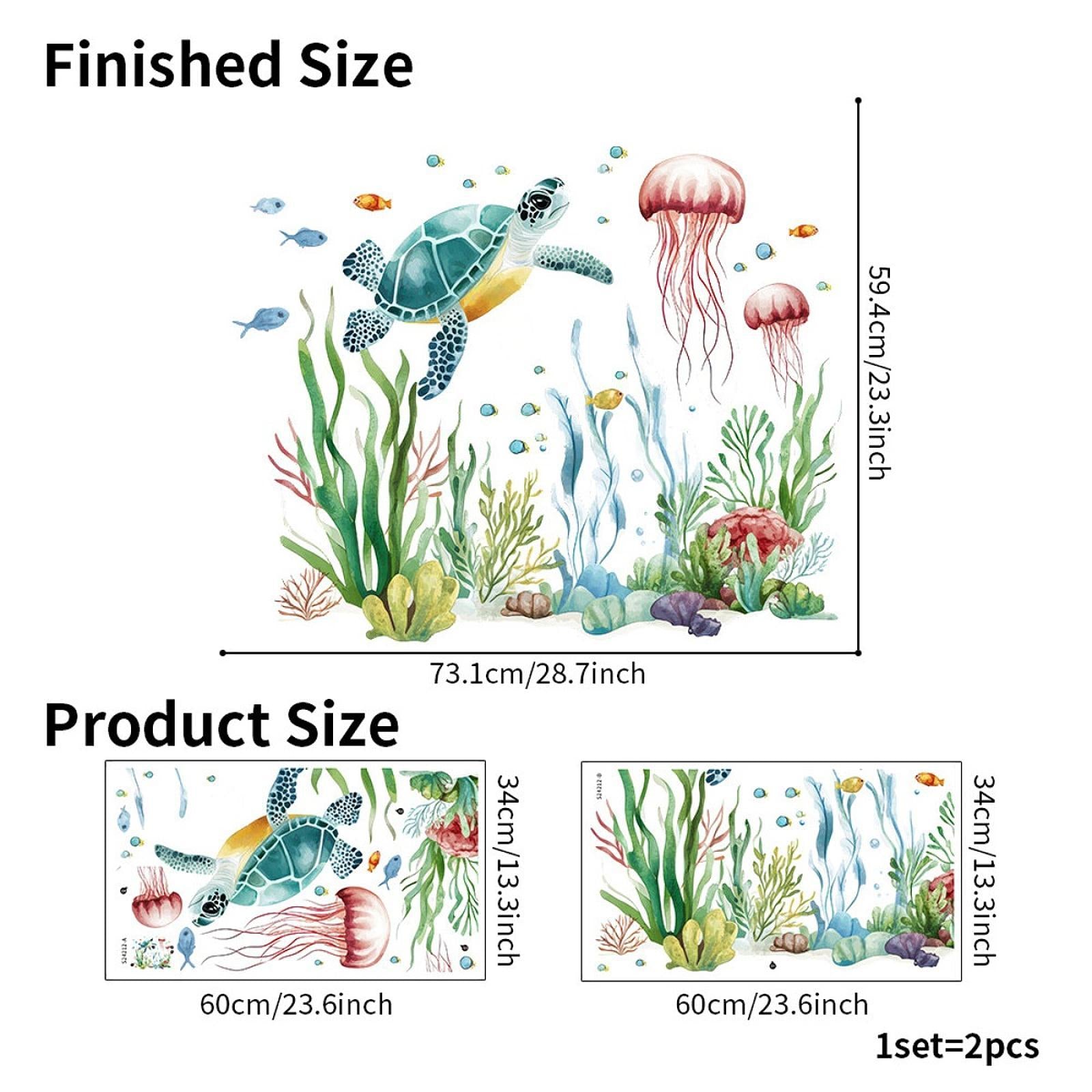 2Pcs Sea Seaweed Turtle Wall Decals Marine Animal Wall Decals for Bathroom