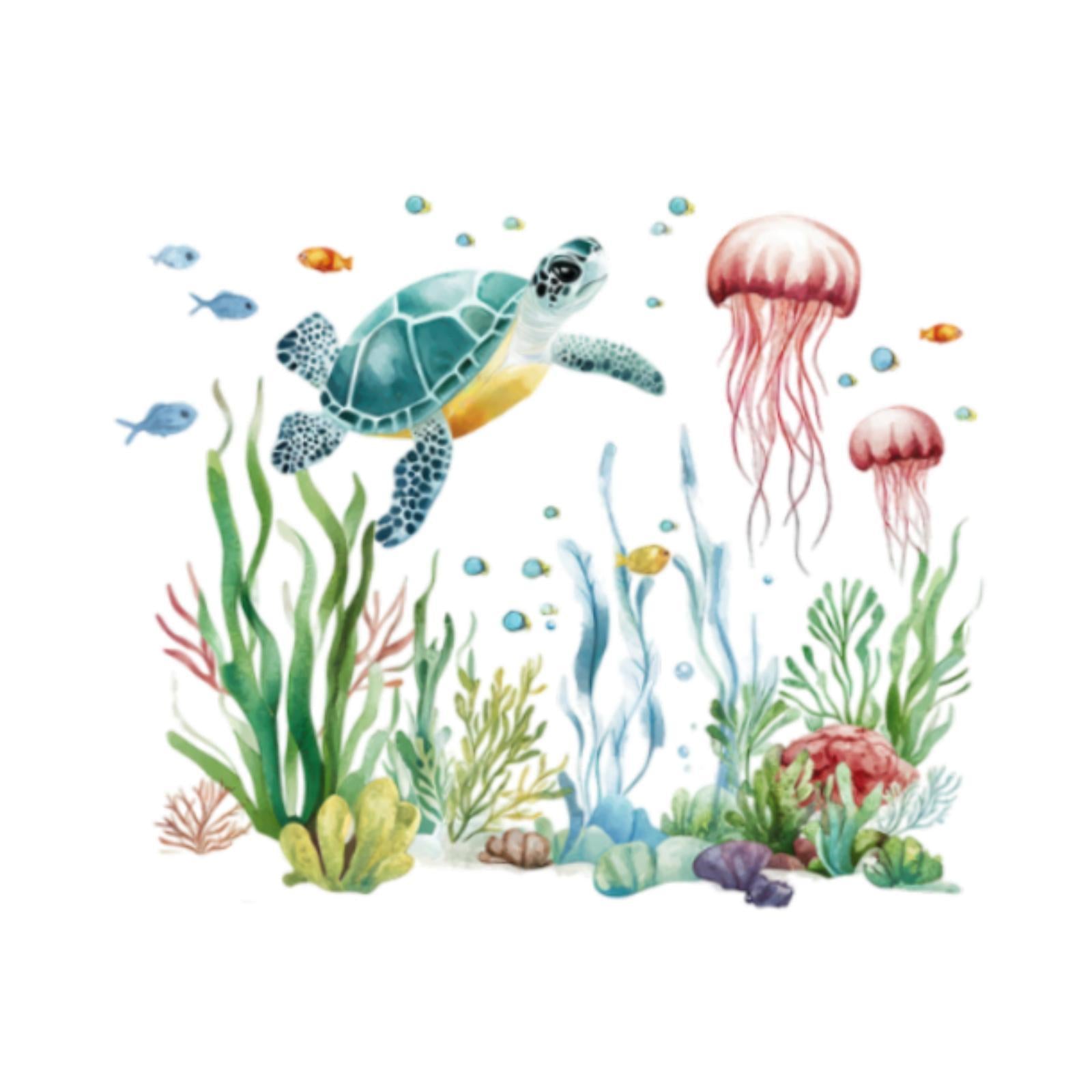2Pcs Sea Seaweed Turtle Wall Decals Marine Animal Wall Decals for Bathroom