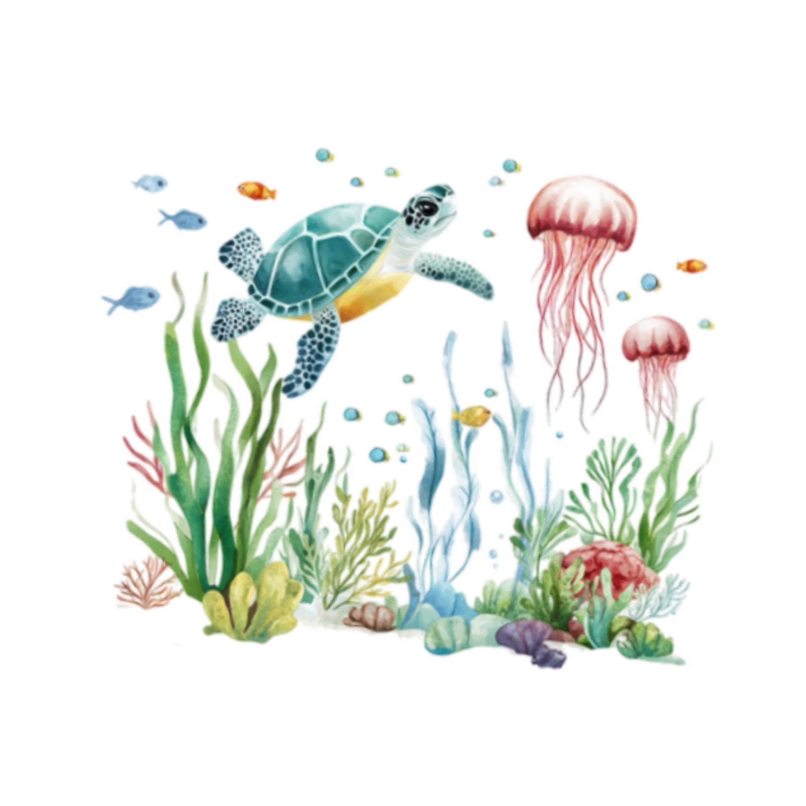 2Pcs Sea Seaweed Turtle Wall Decals Marine Animal Wall Decals for Bathroom