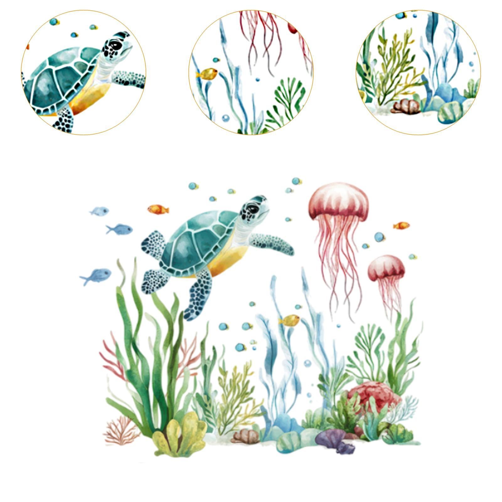 2Pcs Sea Seaweed Turtle Wall Decals Marine Animal Wall Decals for Bathroom