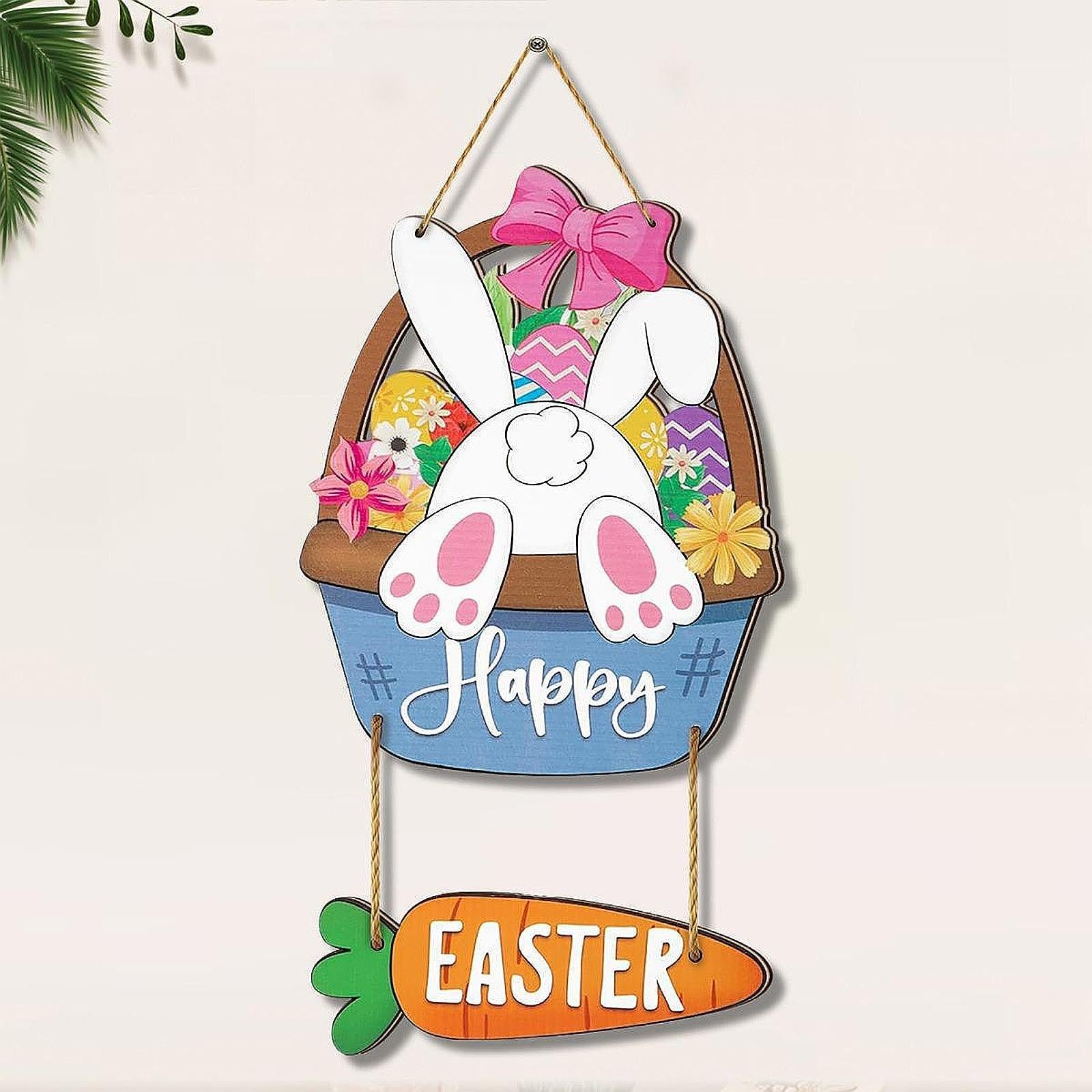 Happy Easter Hanging Door Sign Bunny Decor for Window Party Coffee Shop