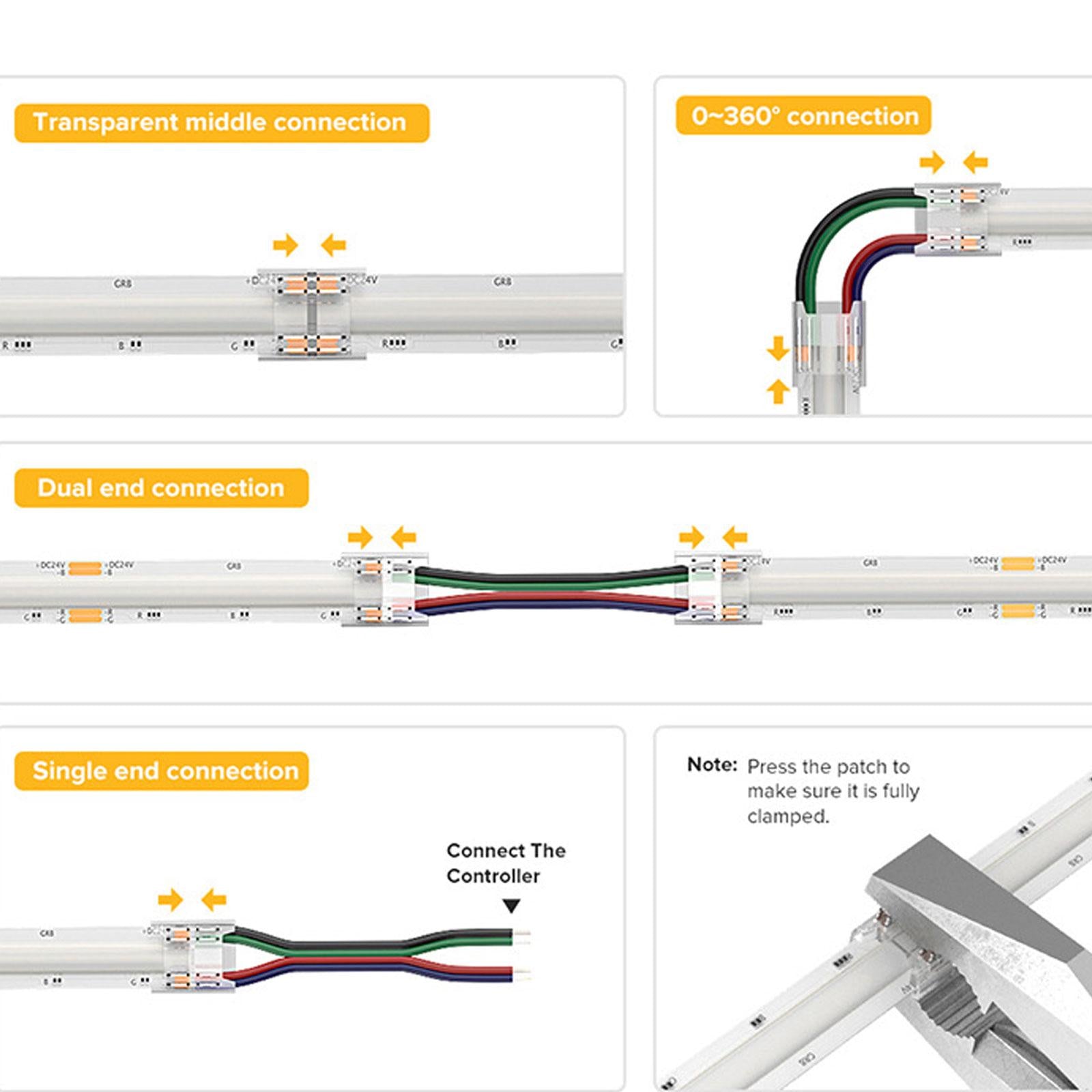 12Pcs Connectors with 4 Extension Wires Accessory for 4 Pins 10mm LED Strips