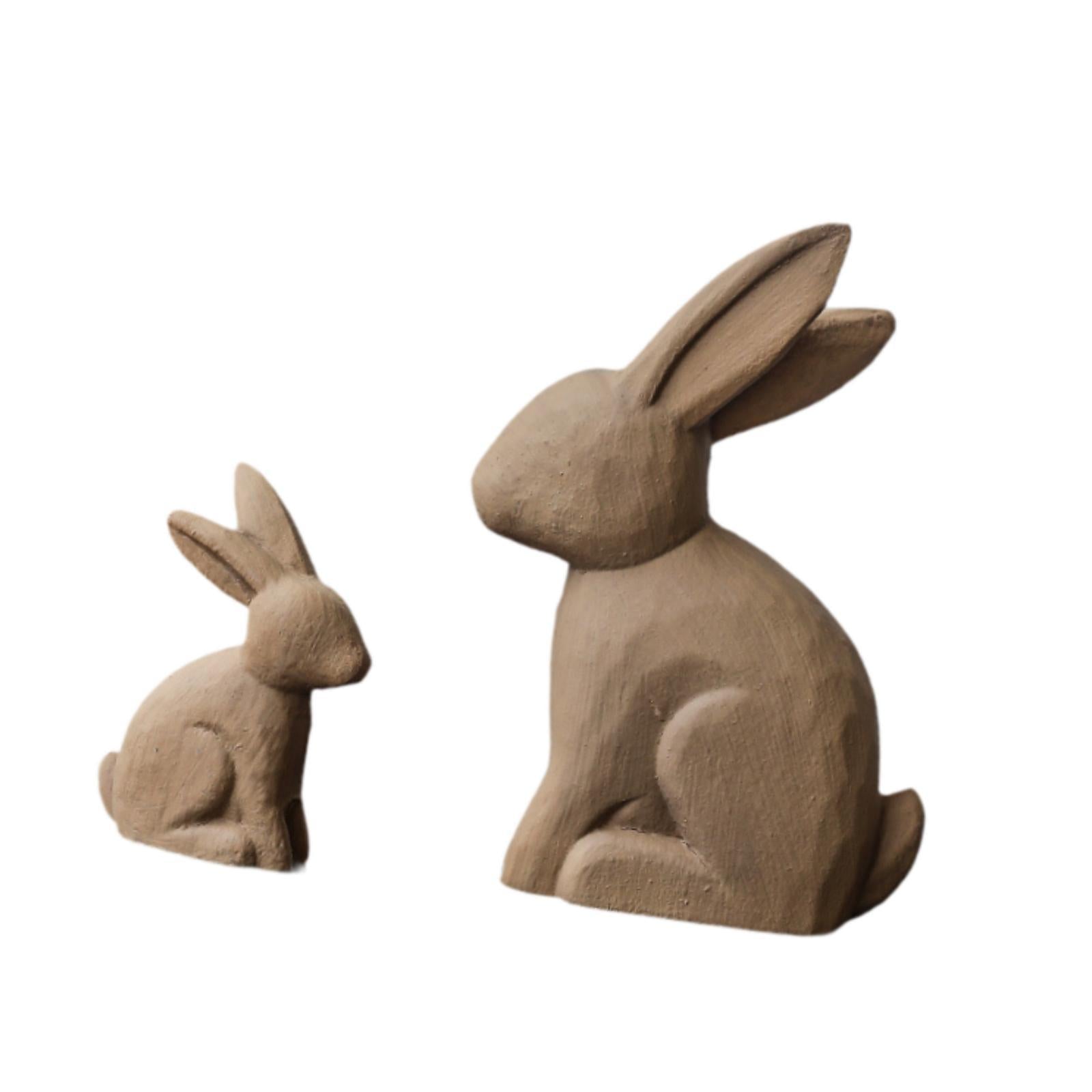 2x Easter Bunny Statues Crafts Gift Wood Ornament for Hallway Desktop Indoor