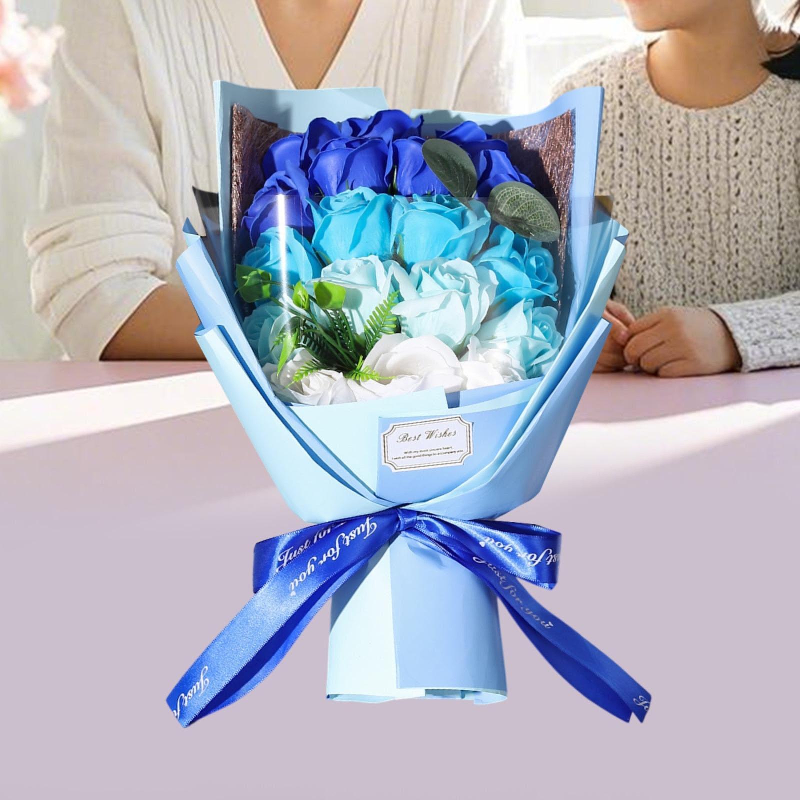 Valentine Soap Roses Bouquet Engagement Flower Arrangements for Wife Her Him Blue
