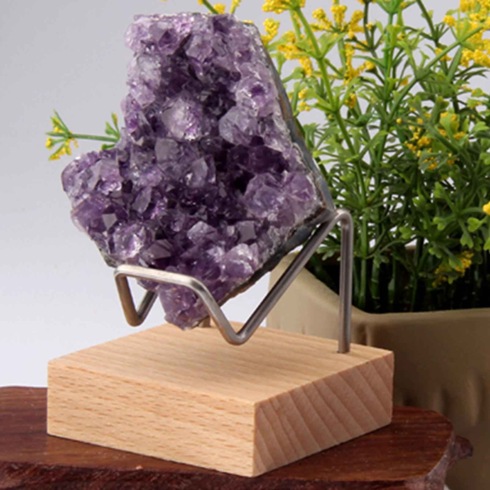 Display Stand Wooden Base Metal Arm for Agate Crystal Cluster Holder Silver
