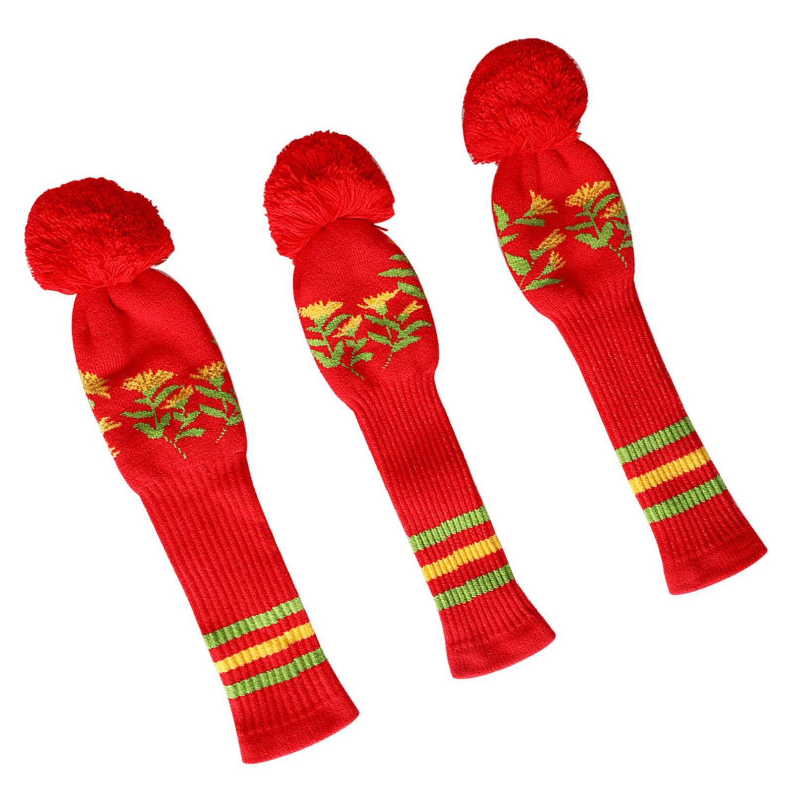 3Pcs Knitted Golf Club Head Covers Pom Pom Golf Headcovers for Adults Golfer Red