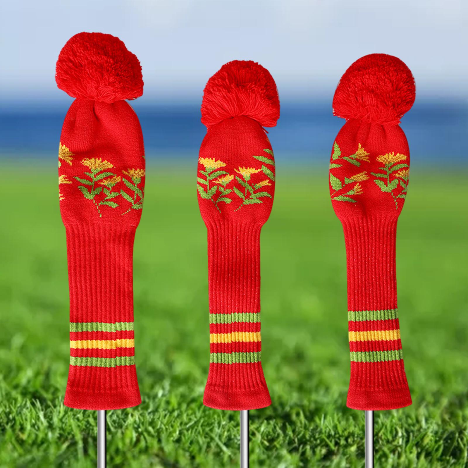 3Pcs Knitted Golf Club Head Covers Pom Pom Golf Headcovers for Adults Golfer Red