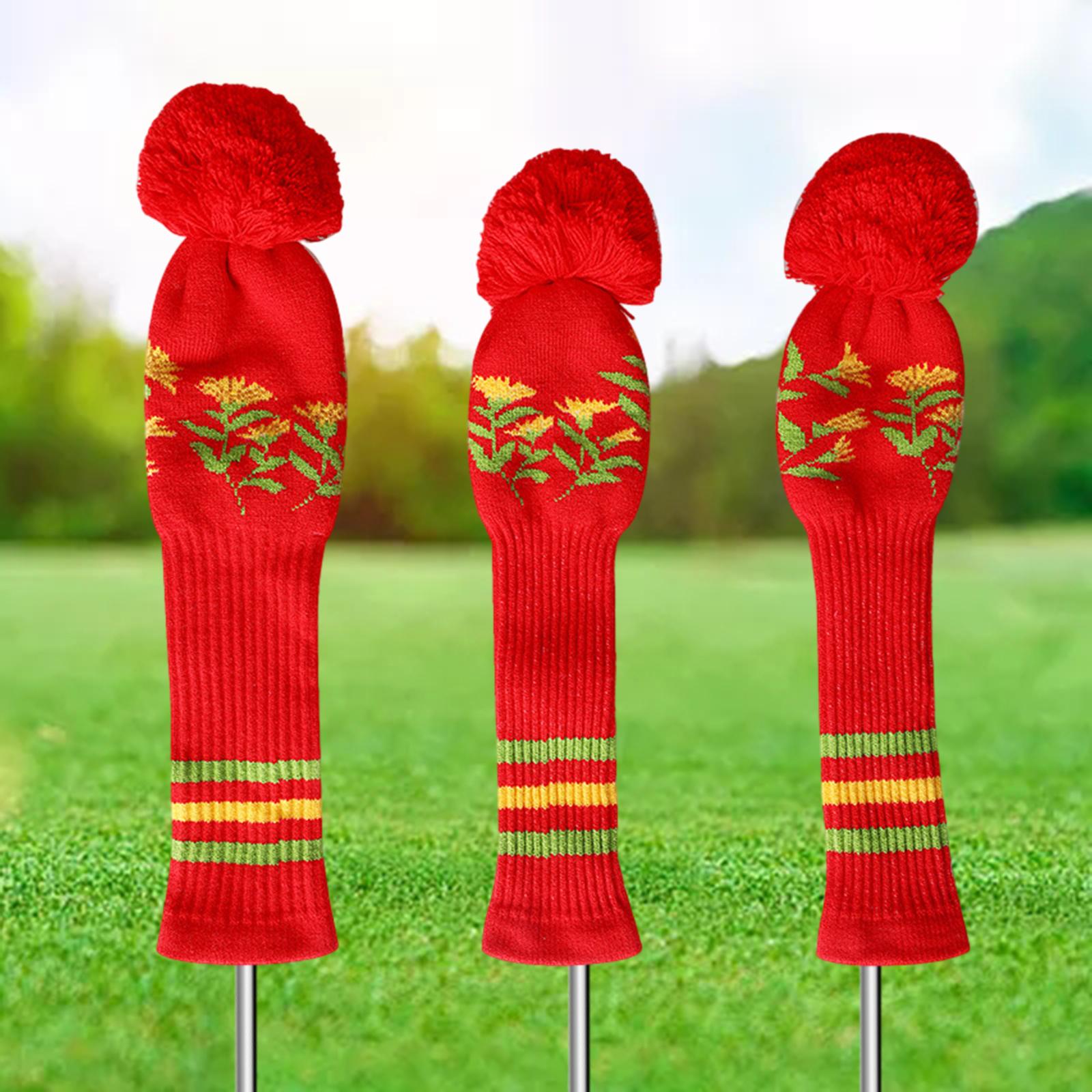3Pcs Knitted Golf Club Head Covers Pom Pom Golf Headcovers for Adults Golfer Red