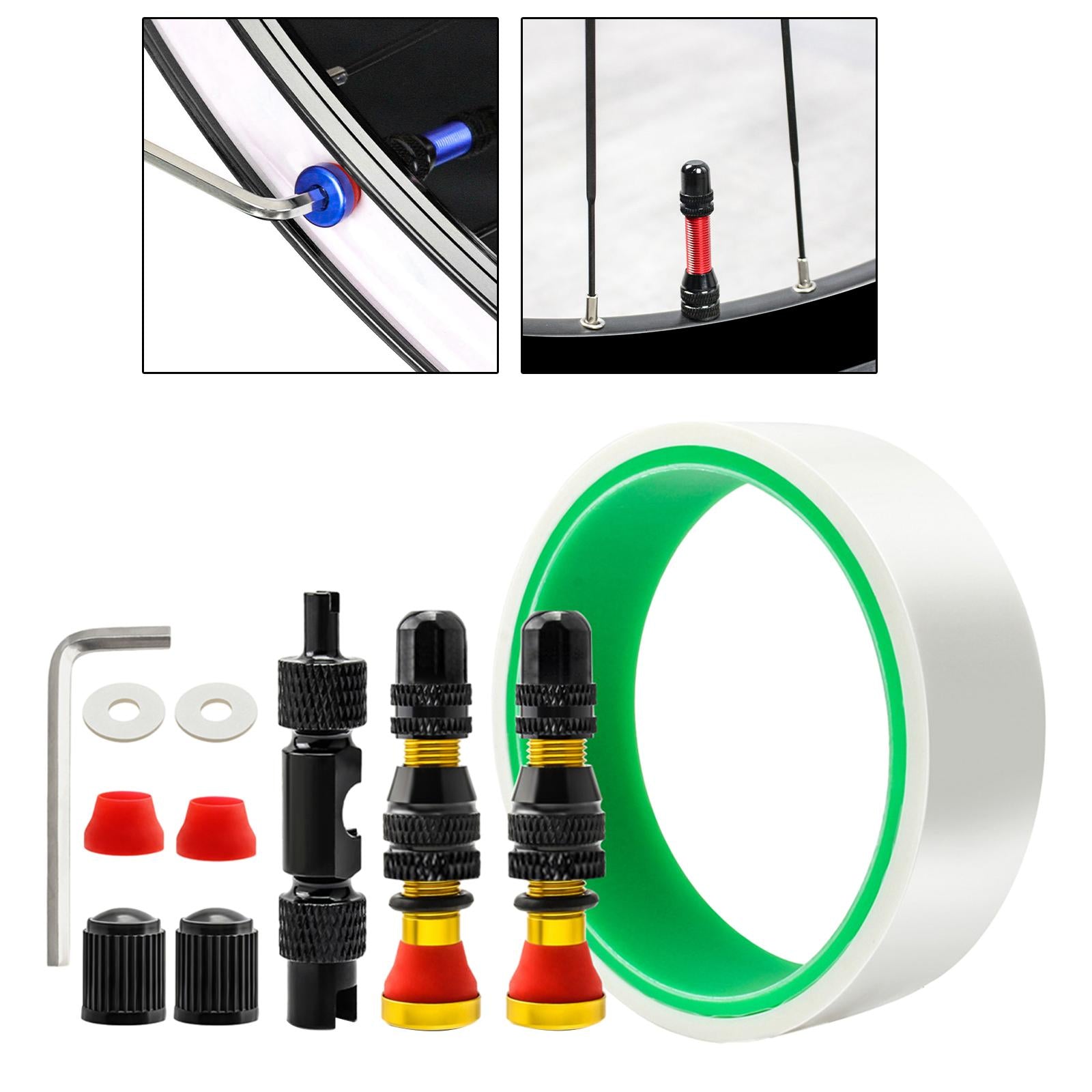 Tubeless Tire Valve Stem with Valve Stem Caps Premium Tubeless Tire Tape Rim Tape 25mm Gold