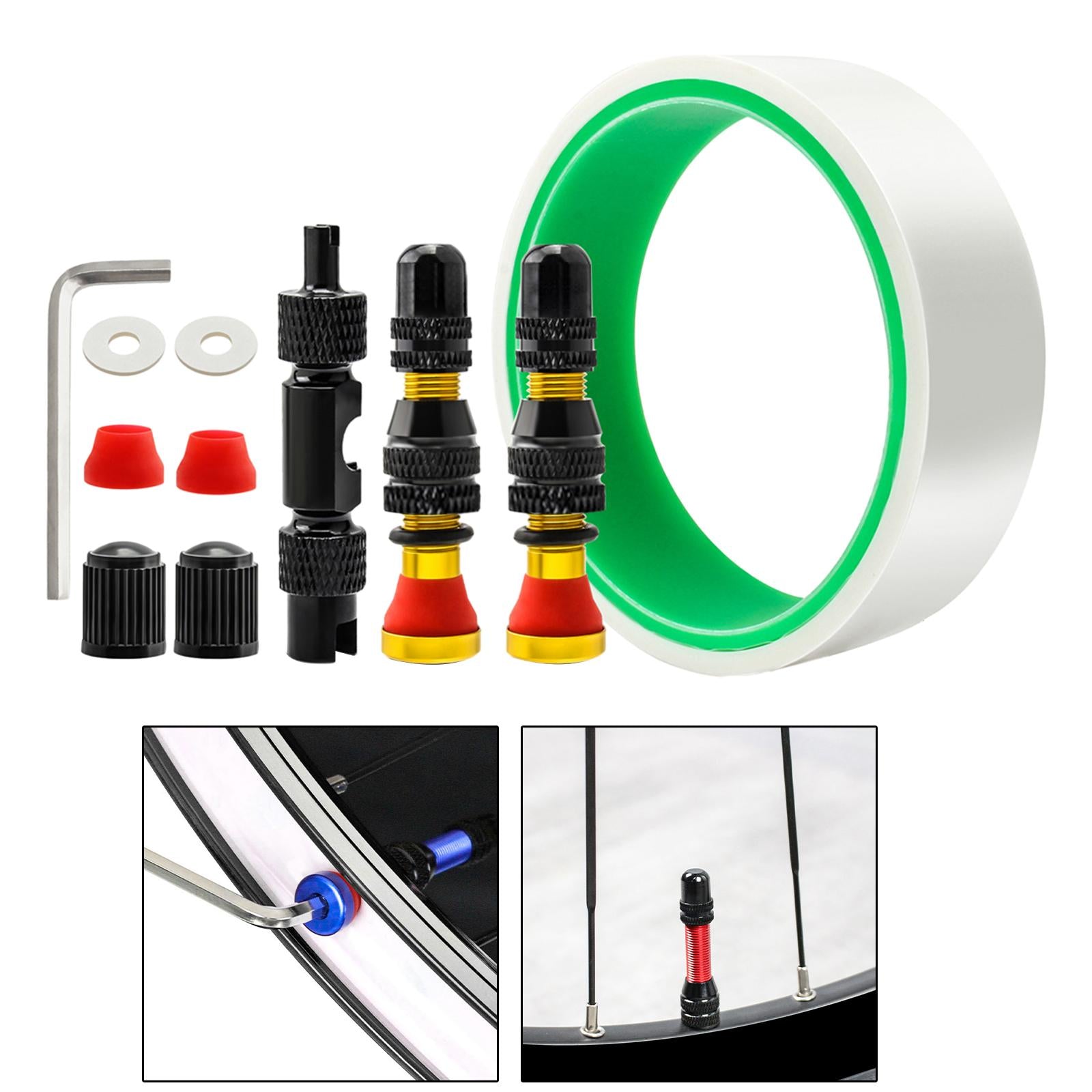 Tubeless Tire Valve Stem with Valve Stem Caps Premium Tubeless Tire Tape Rim Tape 25mm Gold