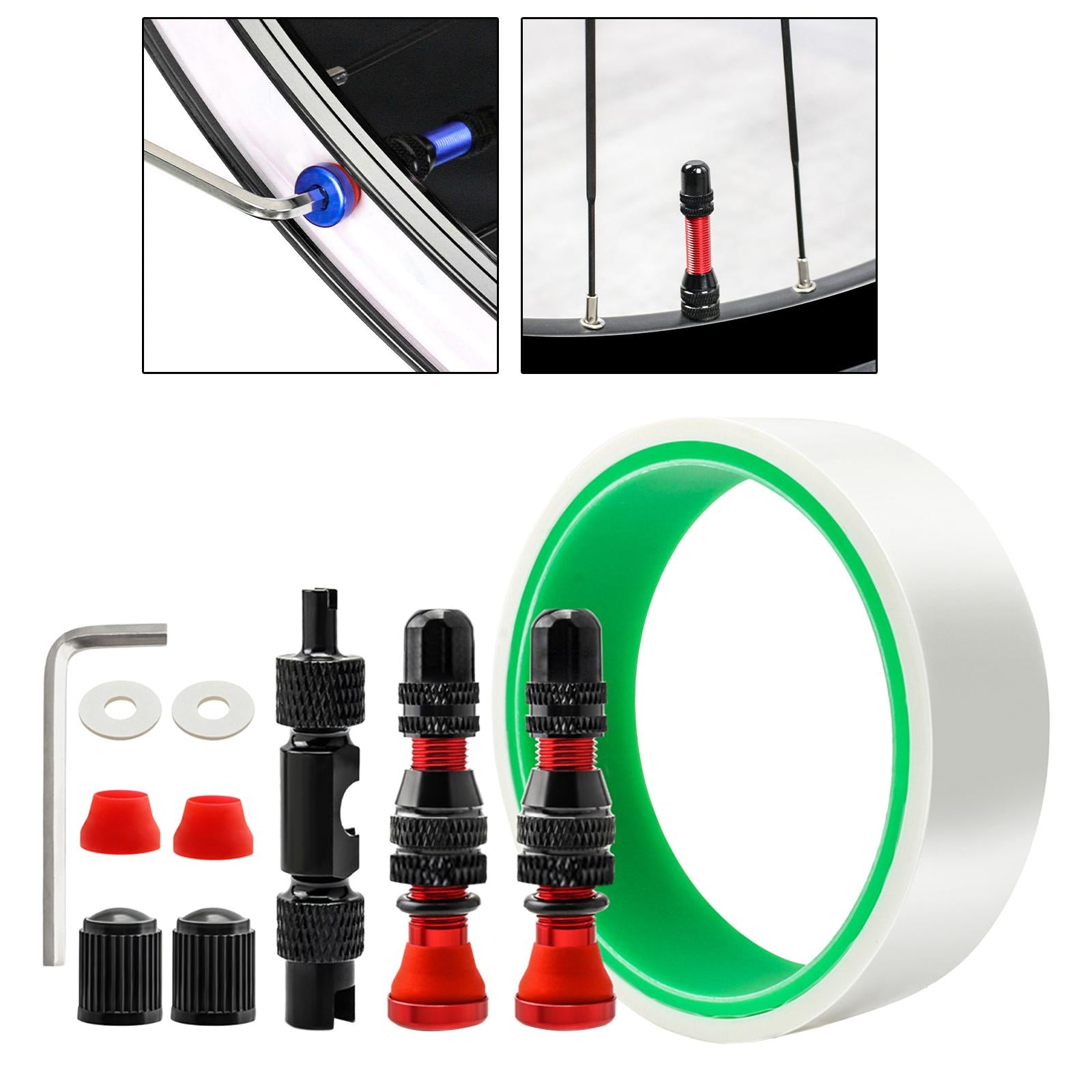 Tubeless Tire Valve Stem with Valve Stem Caps Premium Tubeless Tire Tape Rim Tape 27mm Red