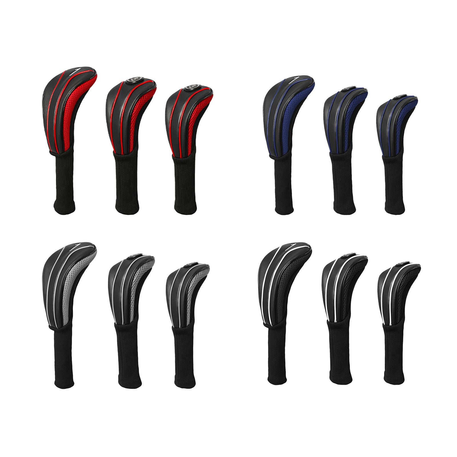 3Pcs Golf Wood Headcovers Set Lightweight PU Golf Head Covers for Golf Clubs Black Red