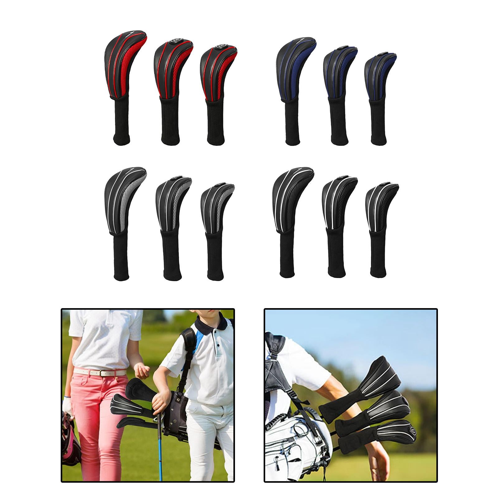 3Pcs Golf Wood Headcovers Set Lightweight PU Golf Head Covers for Golf Clubs Black Red