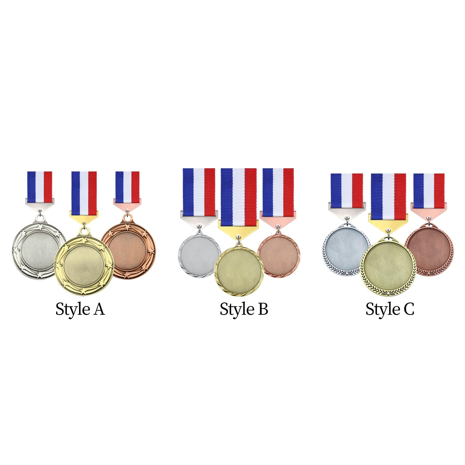 3x Metal Medals Zinc Alloy Blank Medals with Ribbons for Competition Style A