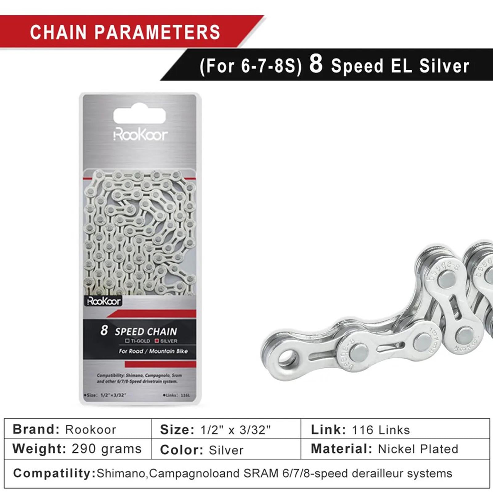 Bicycle Chain 8 Speeds 116L Universal Missing Link Connector Bike Chain Silver