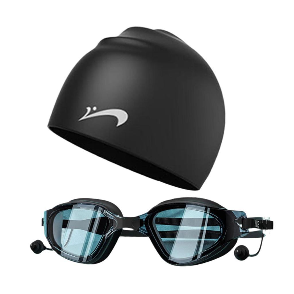 Swim Goggles with Swimming Cap Adjustable for Women and Men Swimming Goggles Black