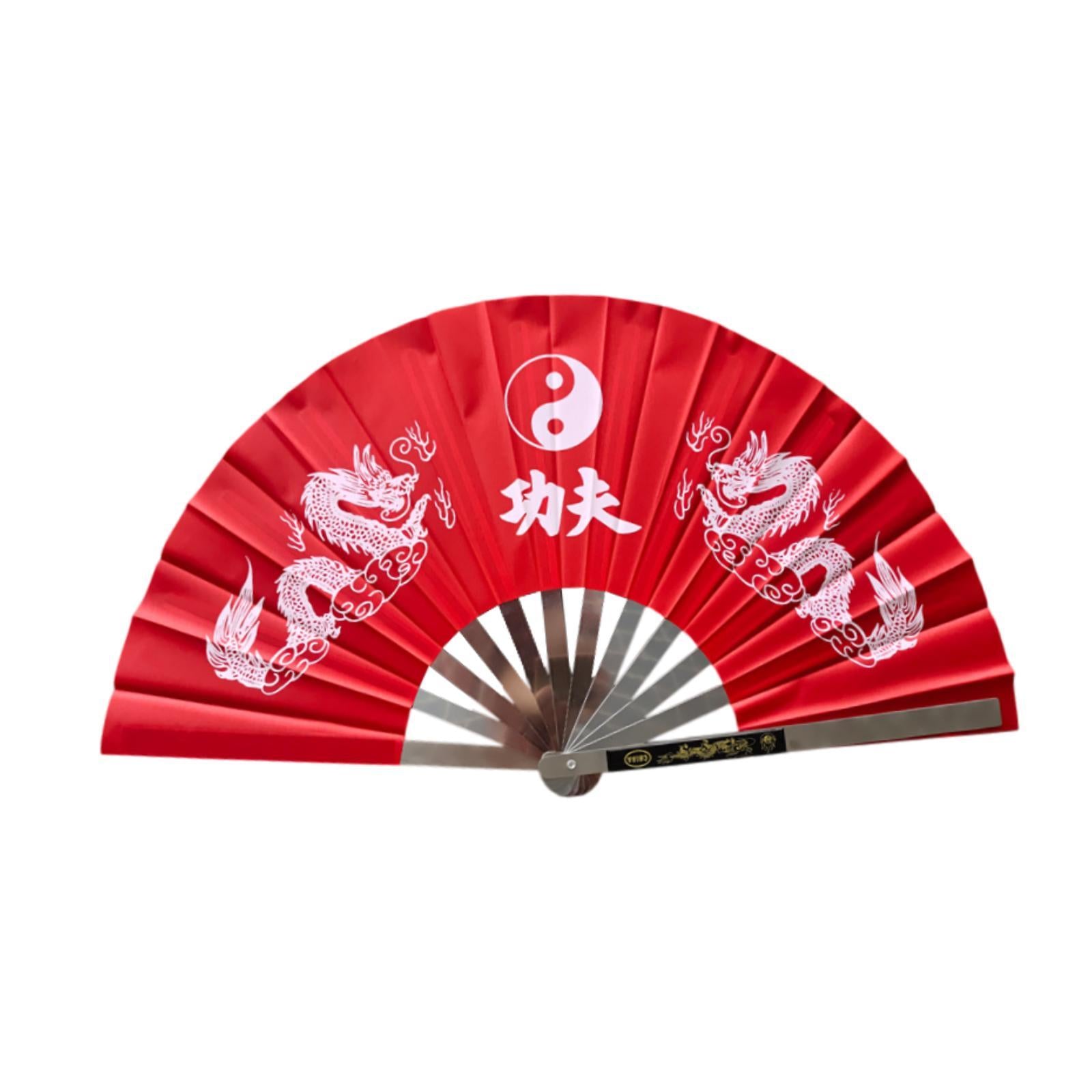 Stainless Steel Folding Hand Fan Women for Gift Festivals Party Supplies red double dragon