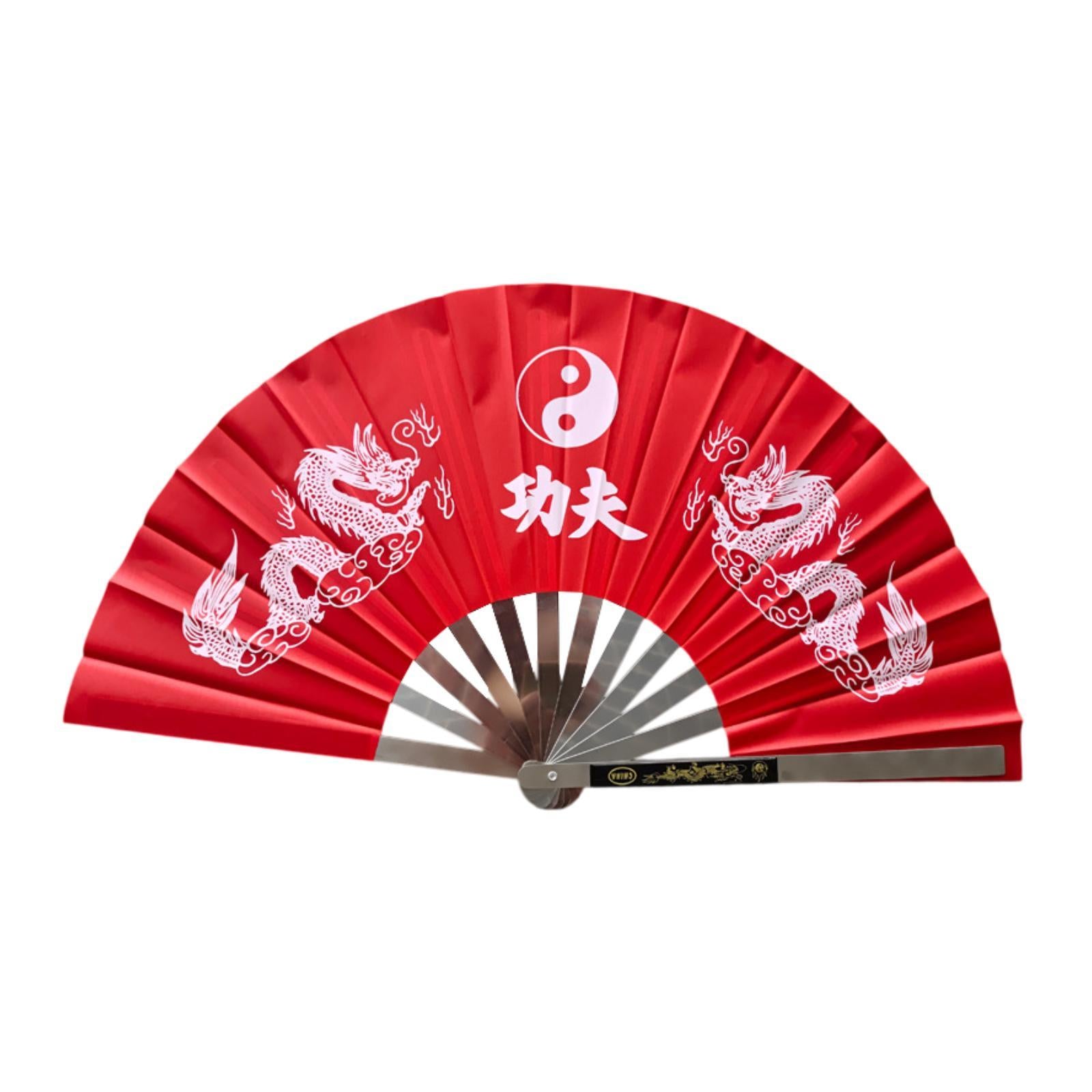 Stainless Steel Folding Hand Fan Women for Gift Festivals Party Supplies red double dragon