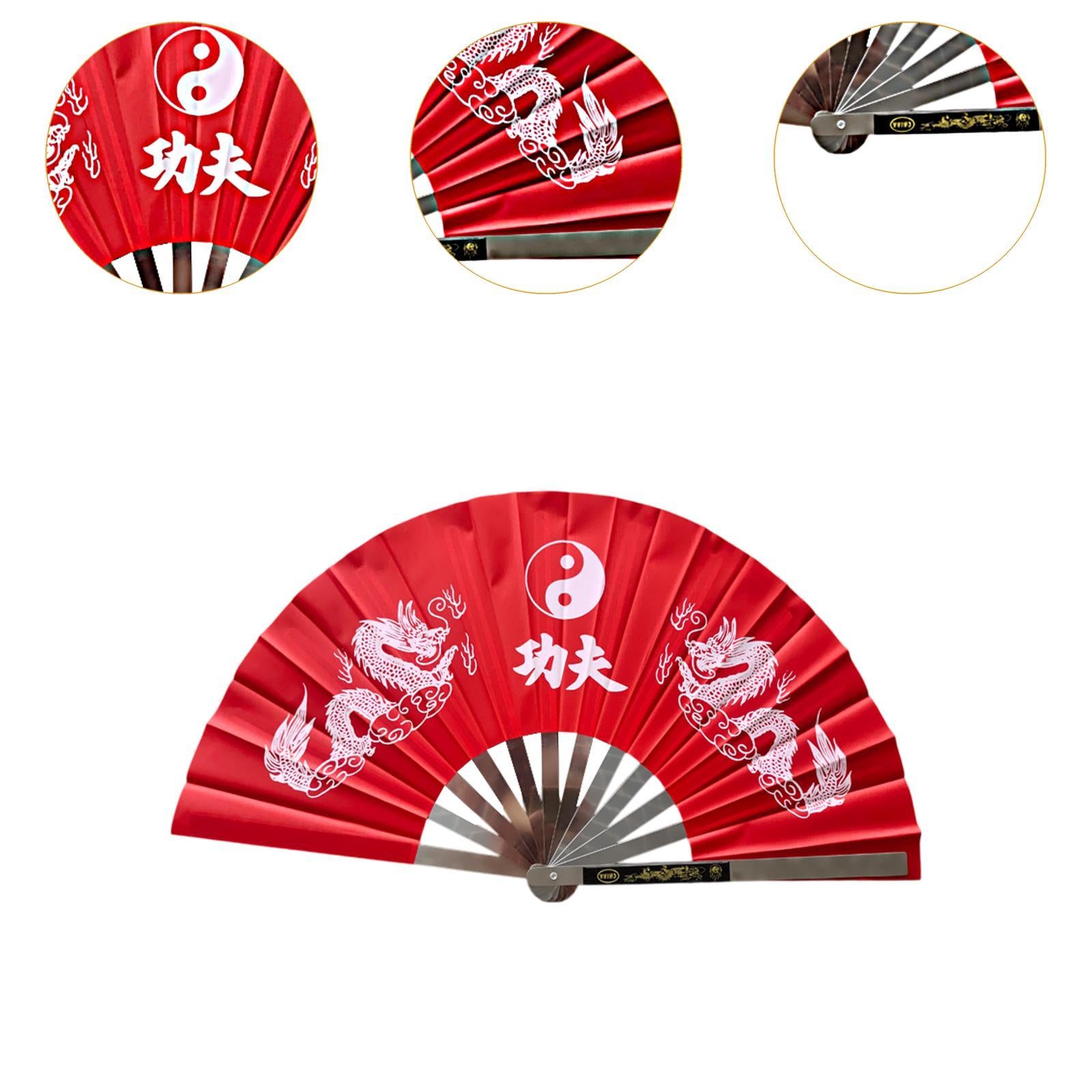 Stainless Steel Folding Hand Fan Women for Gift Festivals Party Supplies red double dragon