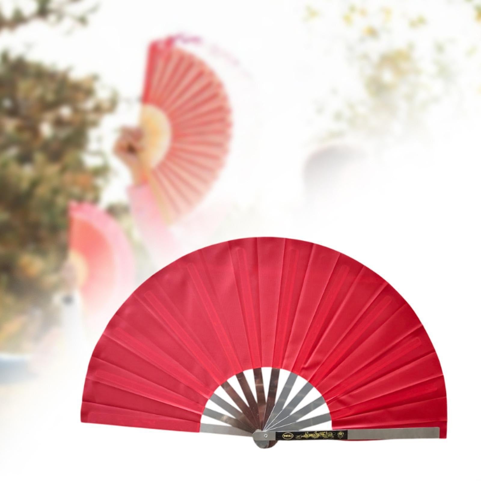 Stainless Steel Folding Hand Fan Women for Gift Festivals Party Supplies red