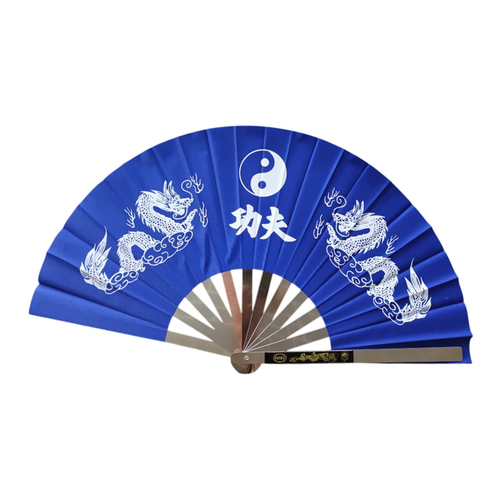 Stainless Steel Folding Hand Fan Women for Gift Festivals Party Supplies blue double dragon