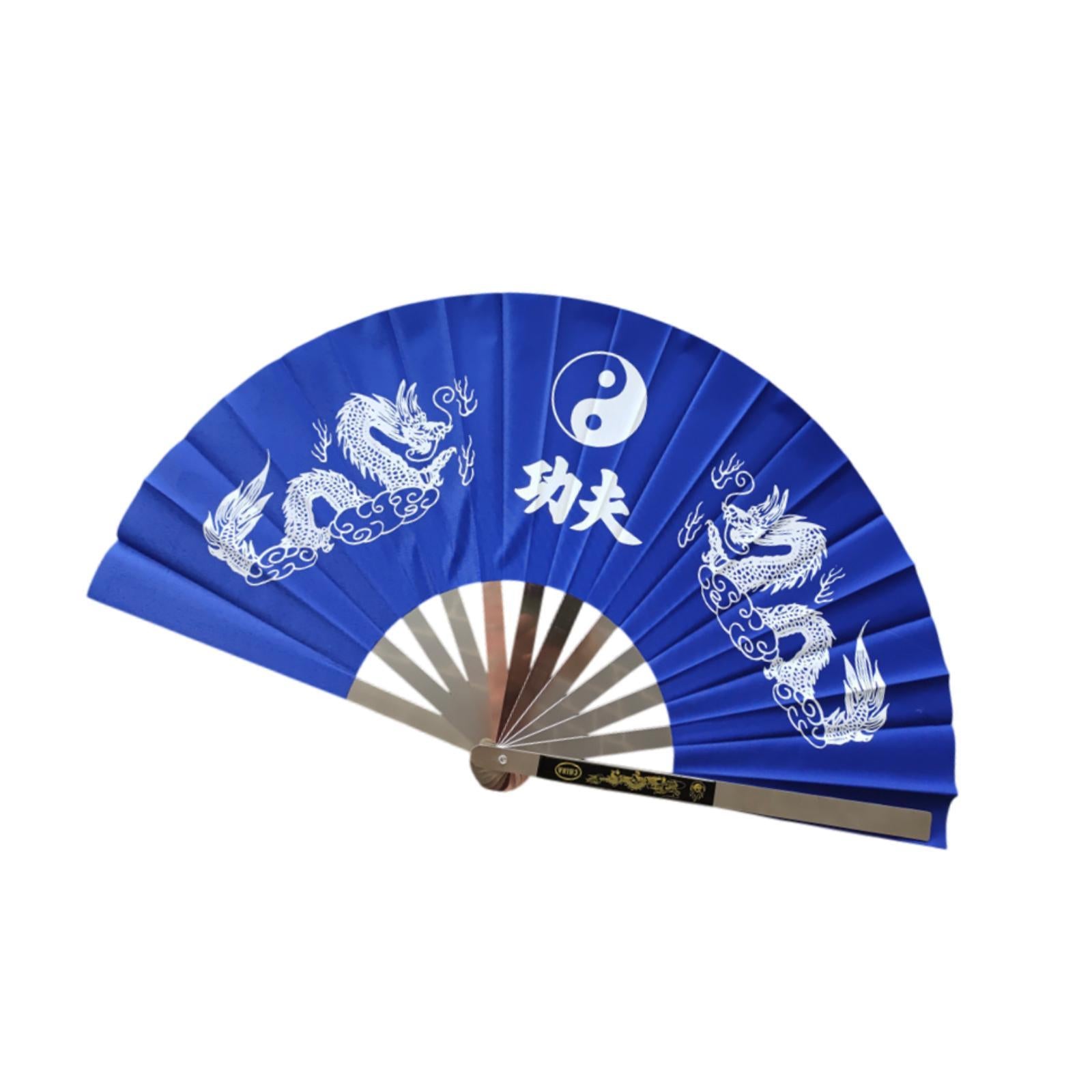 Stainless Steel Folding Hand Fan Women for Gift Festivals Party Supplies blue double dragon