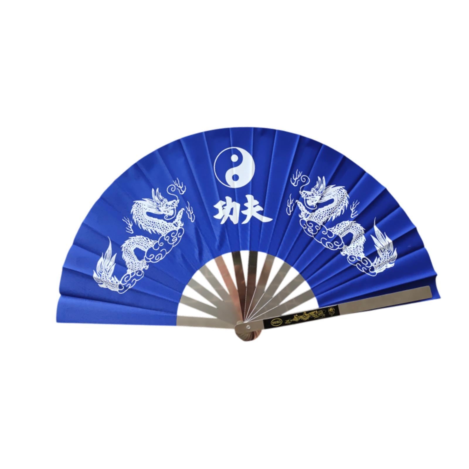 Stainless Steel Folding Hand Fan Women for Gift Festivals Party Supplies blue double dragon