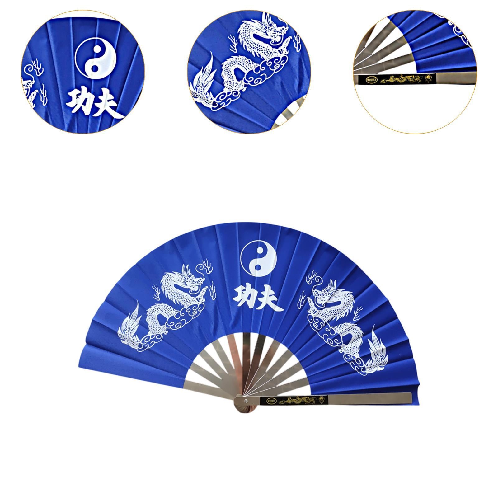 Stainless Steel Folding Hand Fan Women for Gift Festivals Party Supplies blue double dragon