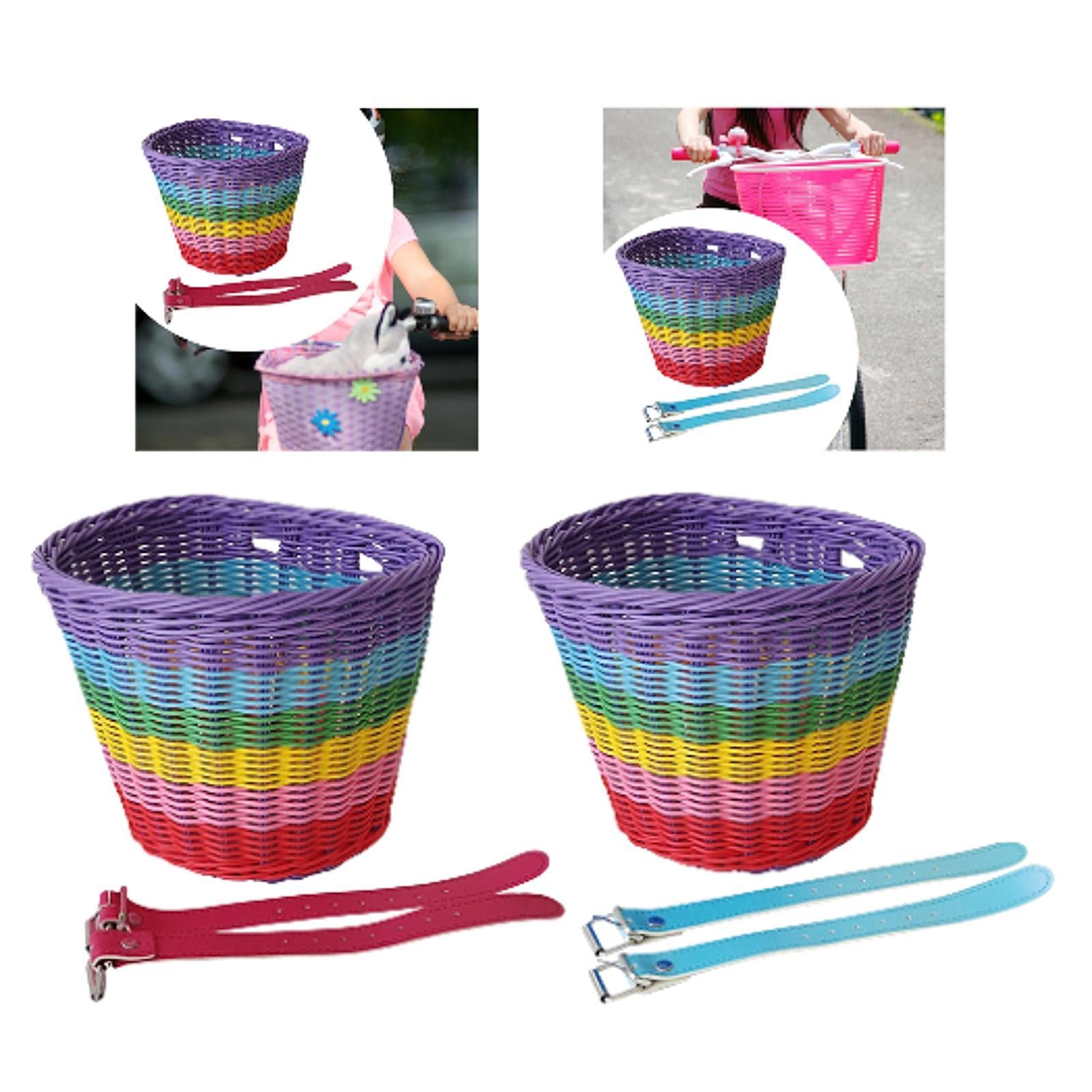 Kids Bike Basket Front Tricycle Picnic Multi Purpose Imitation Rattan Basket Pink Straps