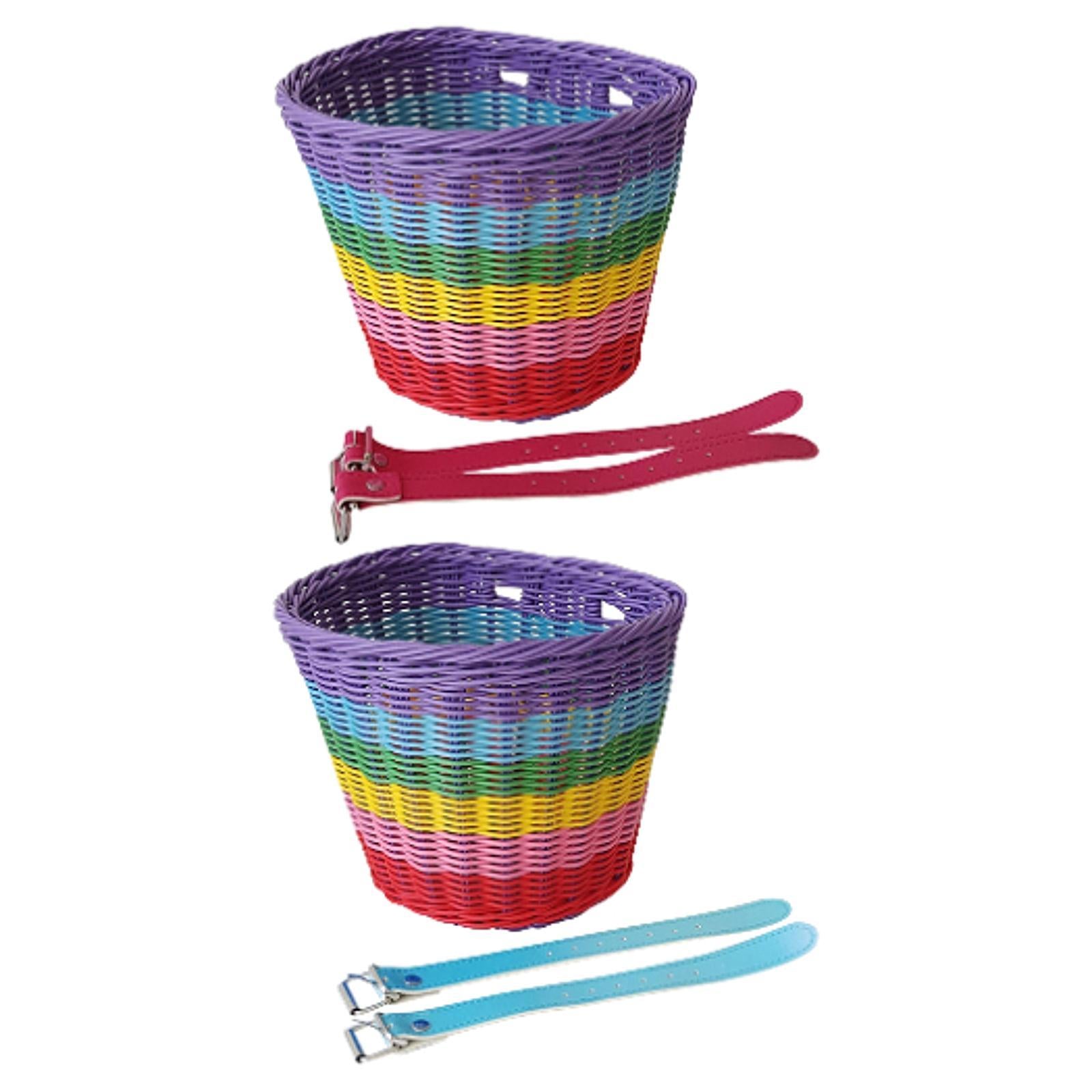 Kids Bike Basket Front Tricycle Picnic Multi Purpose Imitation Rattan Basket Pink Straps