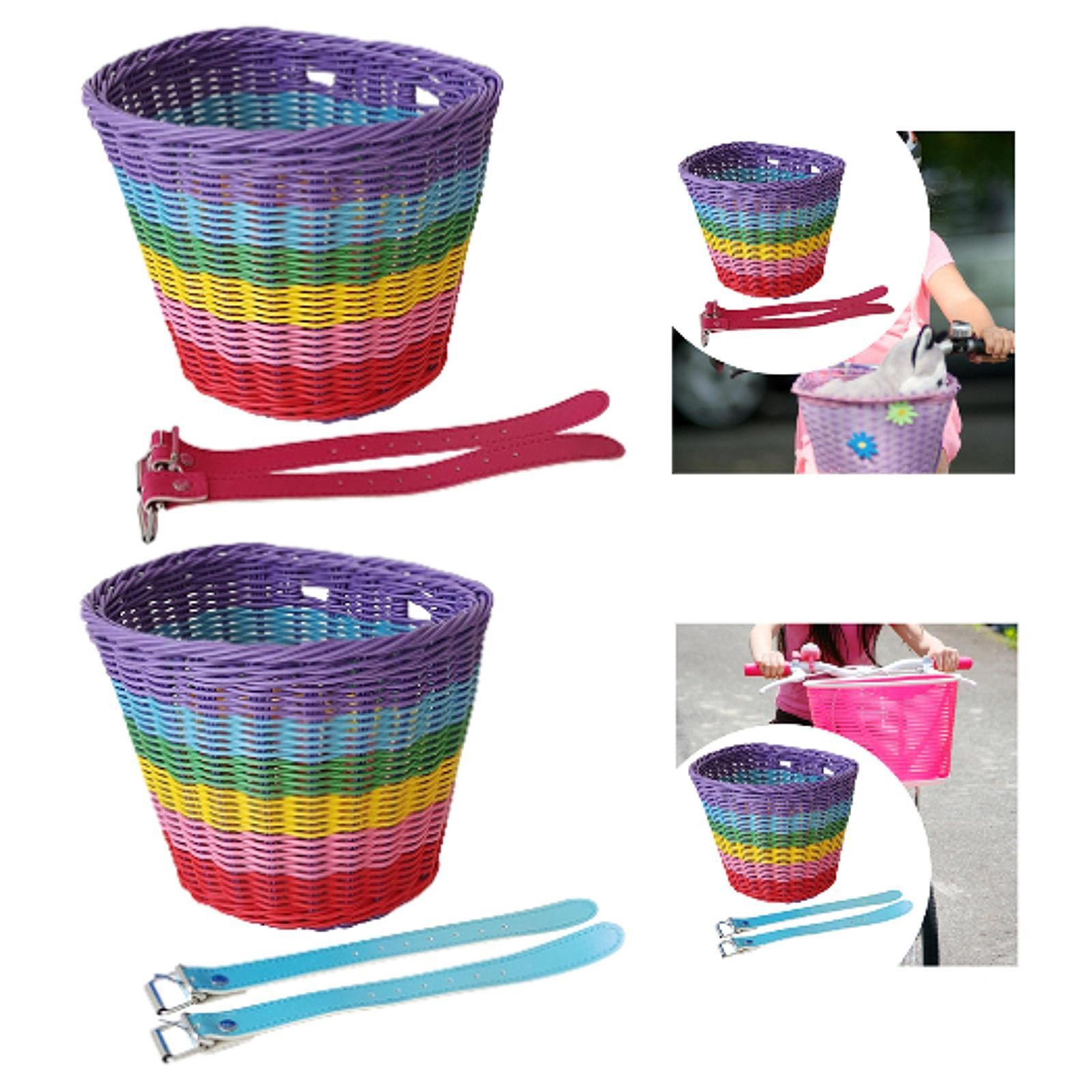 Kids Bike Basket Front Tricycle Picnic Multi Purpose Imitation Rattan Basket Pink Straps