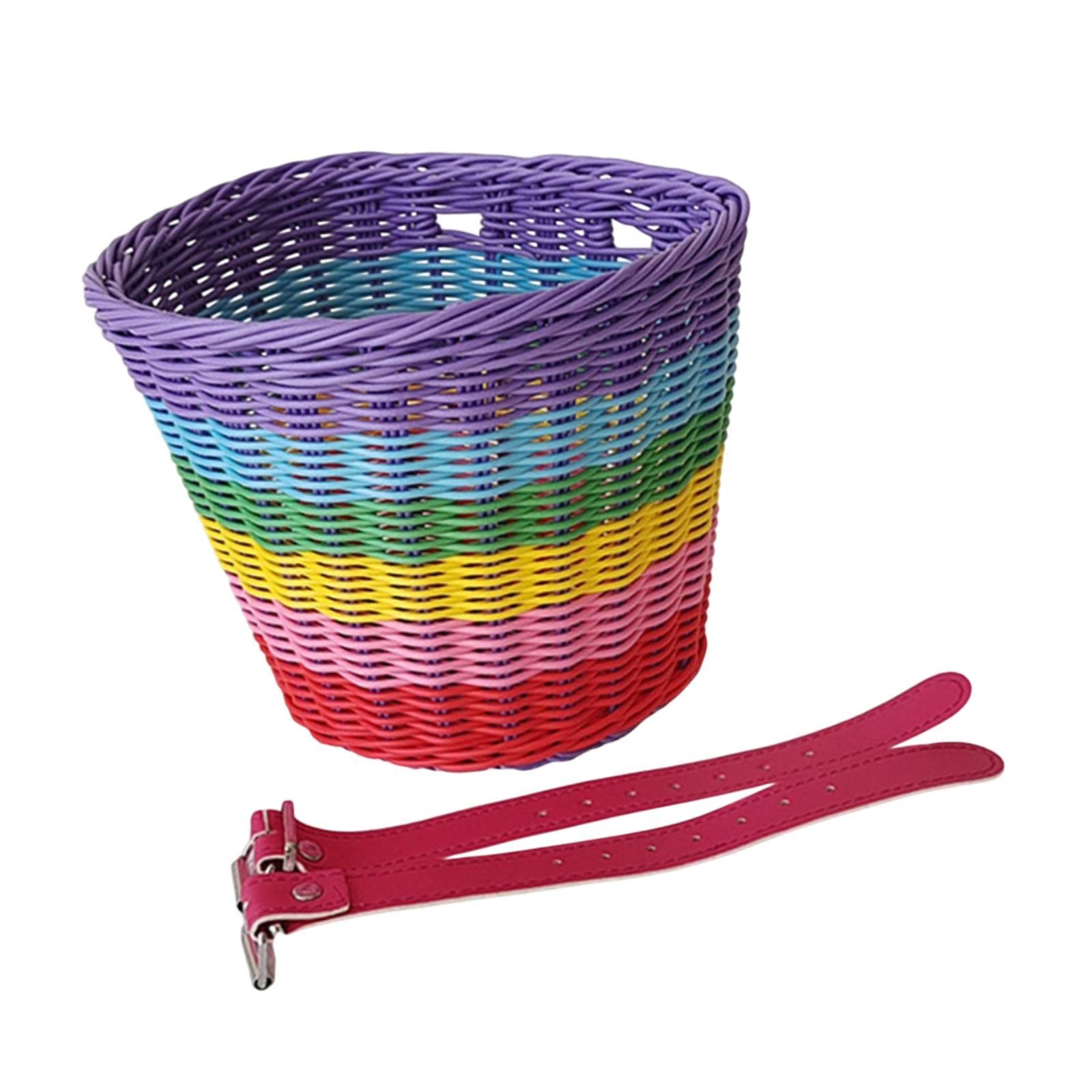 Kids Bike Basket Front Tricycle Picnic Multi Purpose Imitation Rattan Basket Pink Straps