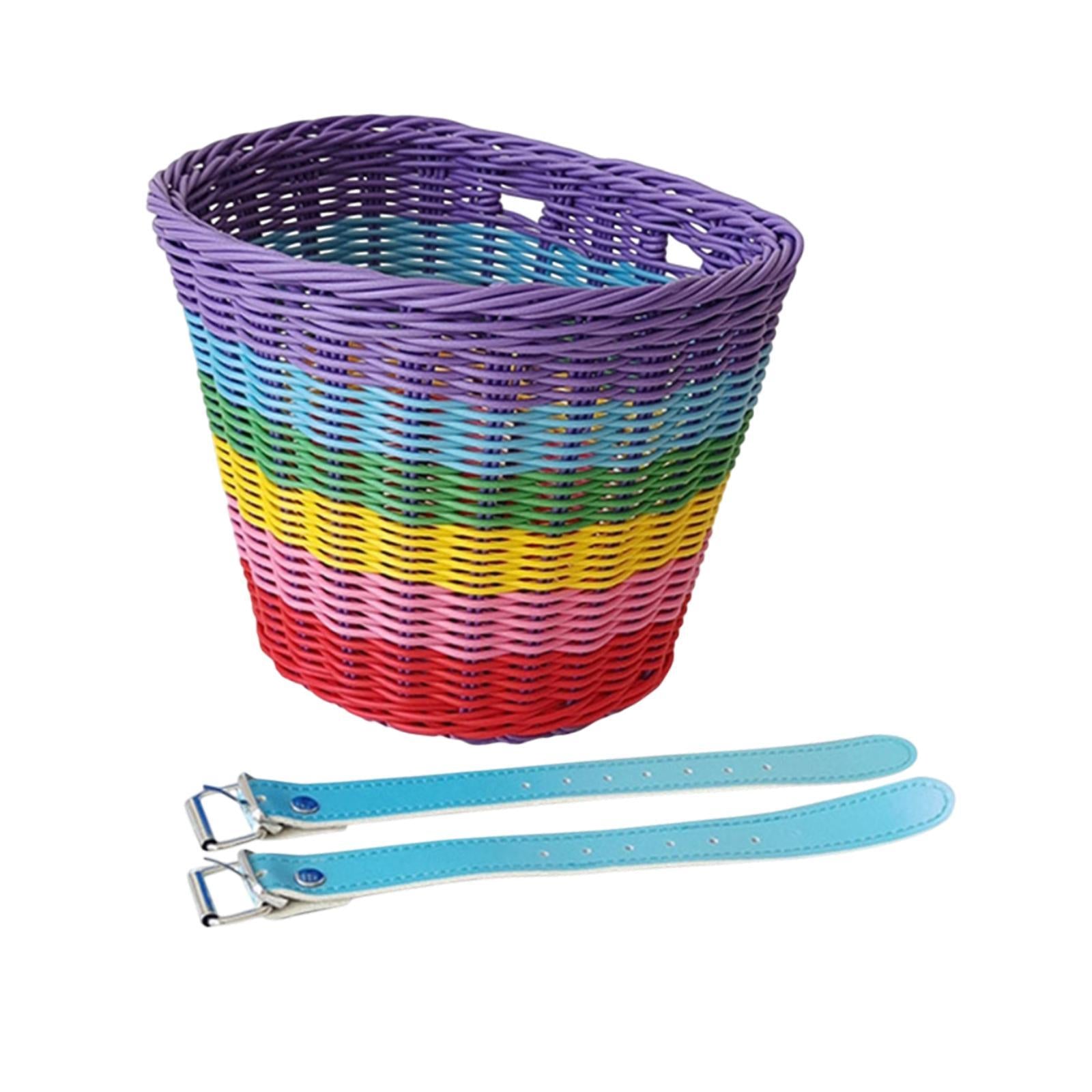 Kids Bike Basket Front Tricycle Picnic Multi Purpose Imitation Rattan Basket Blue Straps