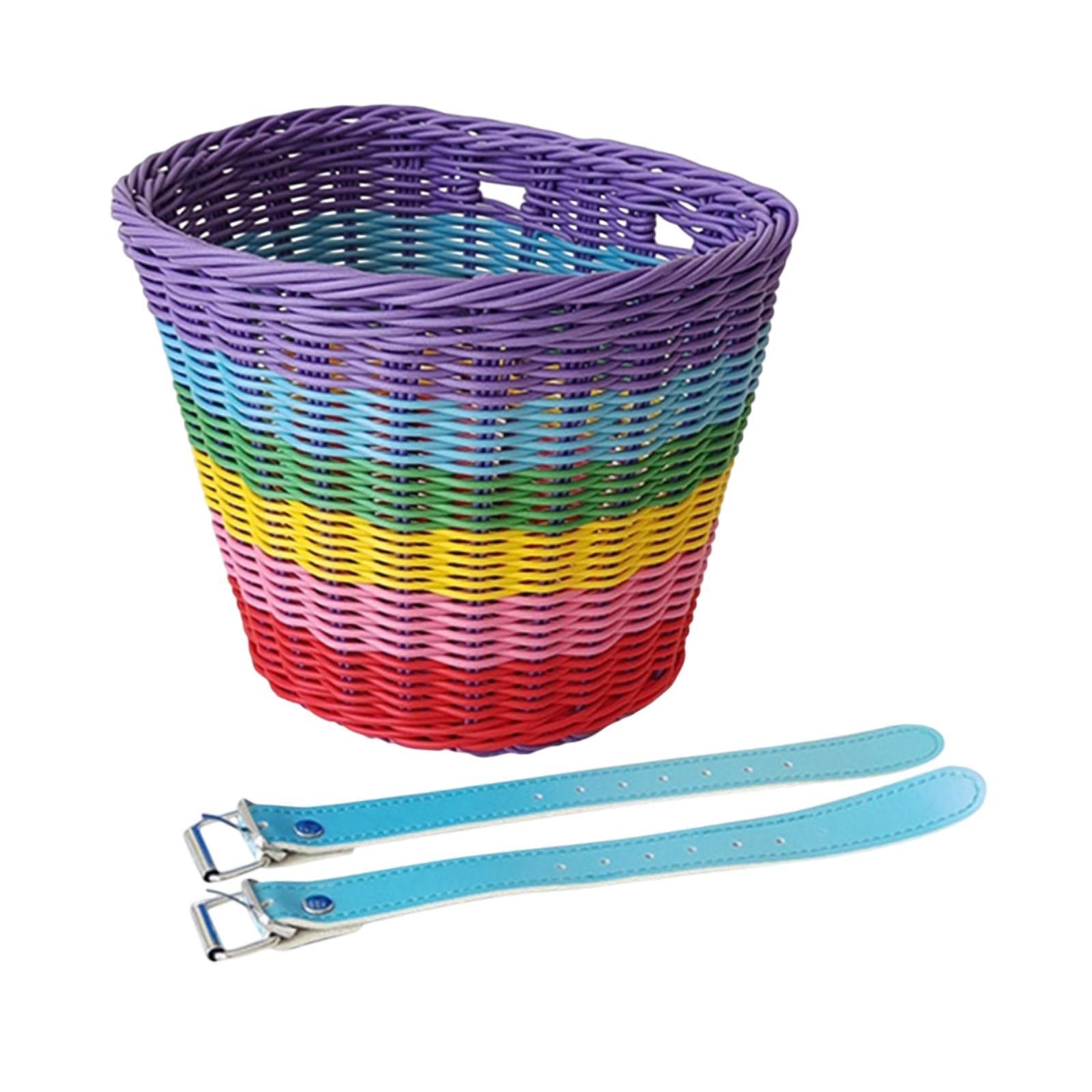 Kids Bike Basket Front Tricycle Picnic Multi Purpose Imitation Rattan Basket Blue Straps