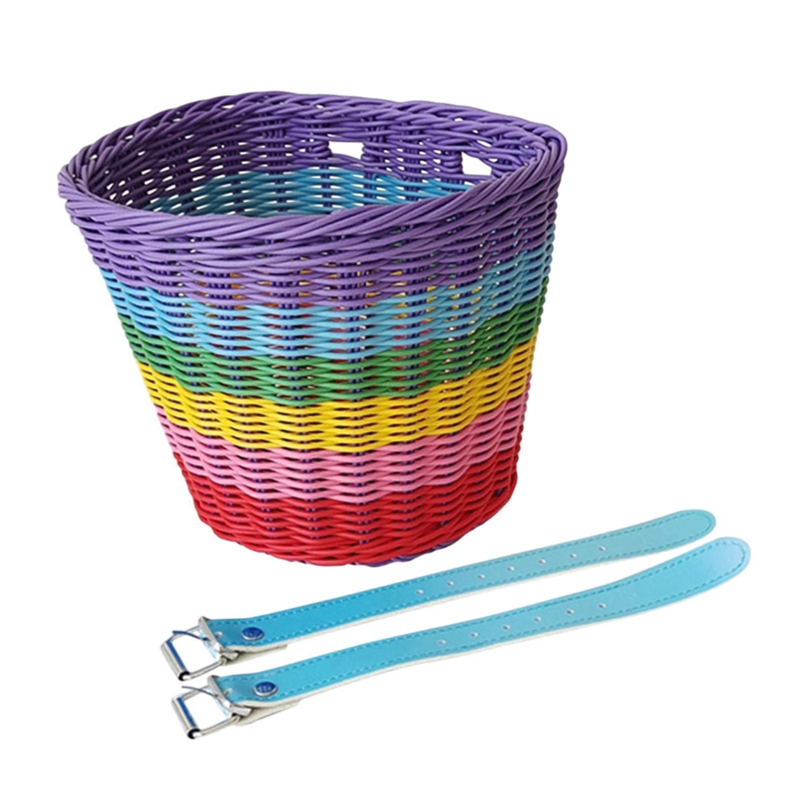 Kids Bike Basket Front Tricycle Picnic Multi Purpose Imitation Rattan Basket Blue Straps