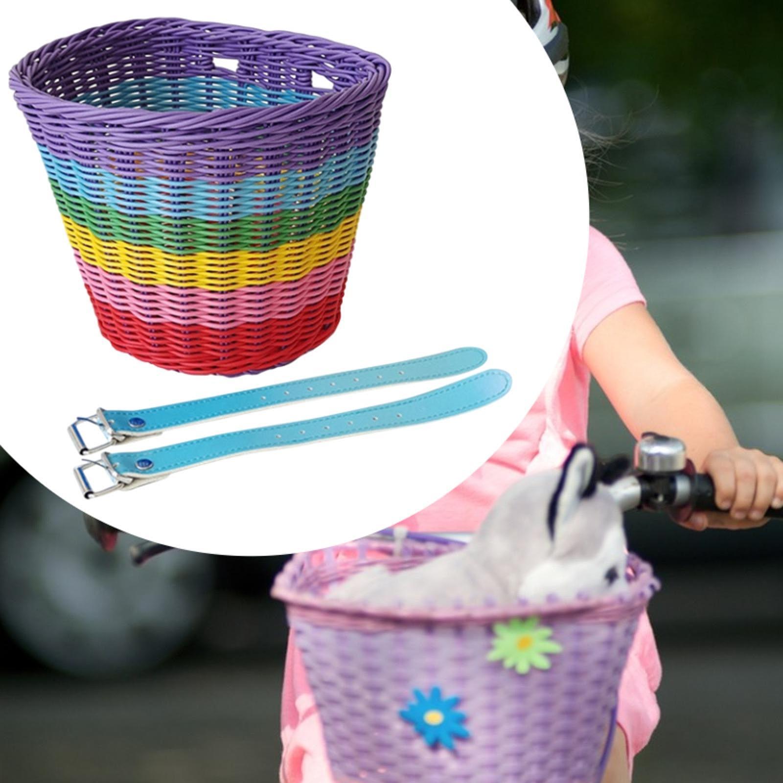 Kids Bike Basket Front Tricycle Picnic Multi Purpose Imitation Rattan Basket Blue Straps