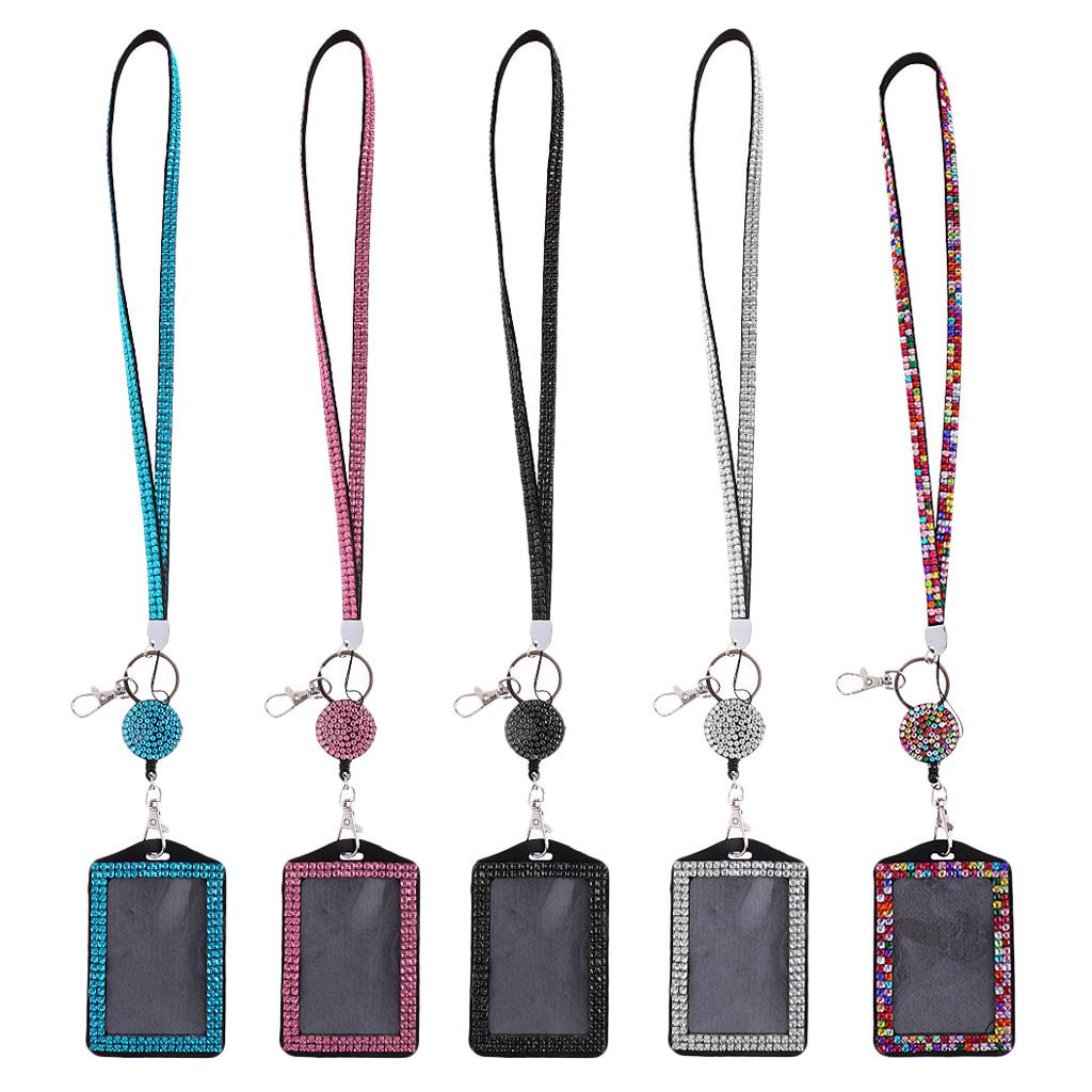 2Pcs Rhinestone Lanyard with Retractable Reel Vertical ID Badge Holder Black