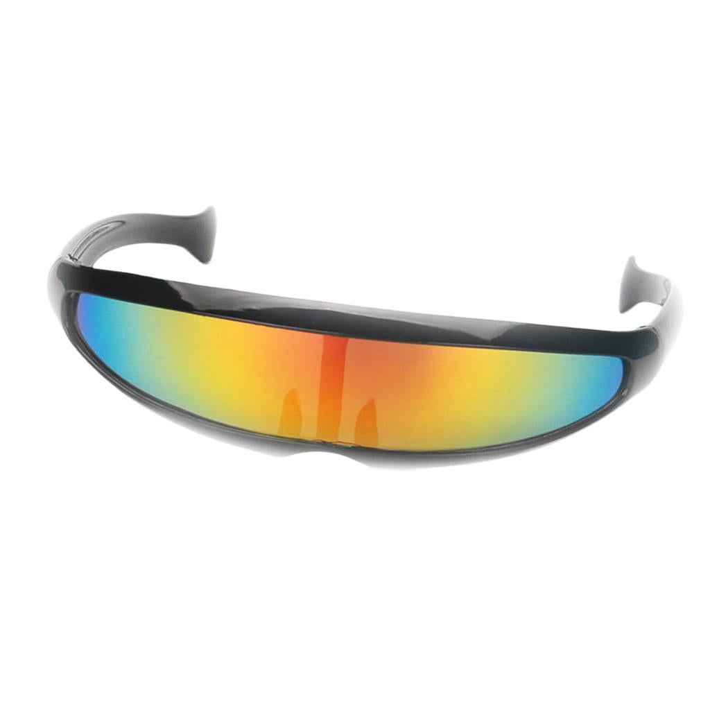 Futuristic Narrow Cyclops Color Mirrored Lens Visor Sunglasses Black Frame Yellow Mirrored