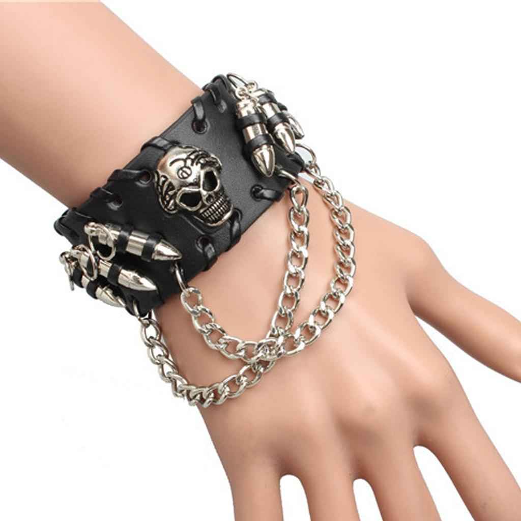 Gothic Punk Style Black Leather Cuff Bracelet Wristband with 3D Skull Head and Chain